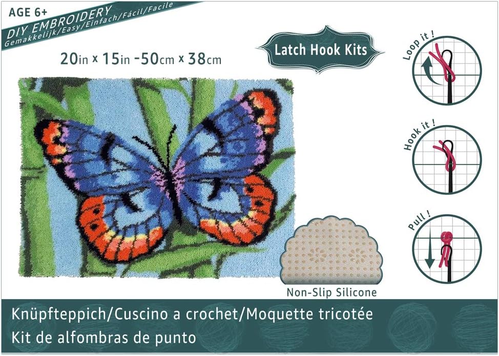 clubevy Latch Hook Rug Kits DIY Crochet Yarn Rugs Hooking Craft Kit Pattern Design for Adults Kids Needle Craft Shaggy Kids (Butterfly)