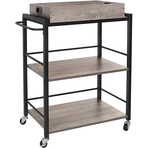 VASAGLE ALINRU Kitchen Serving Cart with Removable Tray, 3-Tier Kitchen Utility Cart on Wheels with Storage, Universal Casters with Brakes, Leveling Feet, Greige and Black ULRC072B02