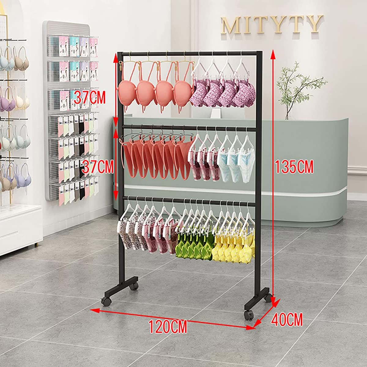 Soporte de exhibición de 3 niveles con ruedas para bufanda, ropa interior, sujetador, toalla, organizador de ropa, estante móvil para tienda minorista