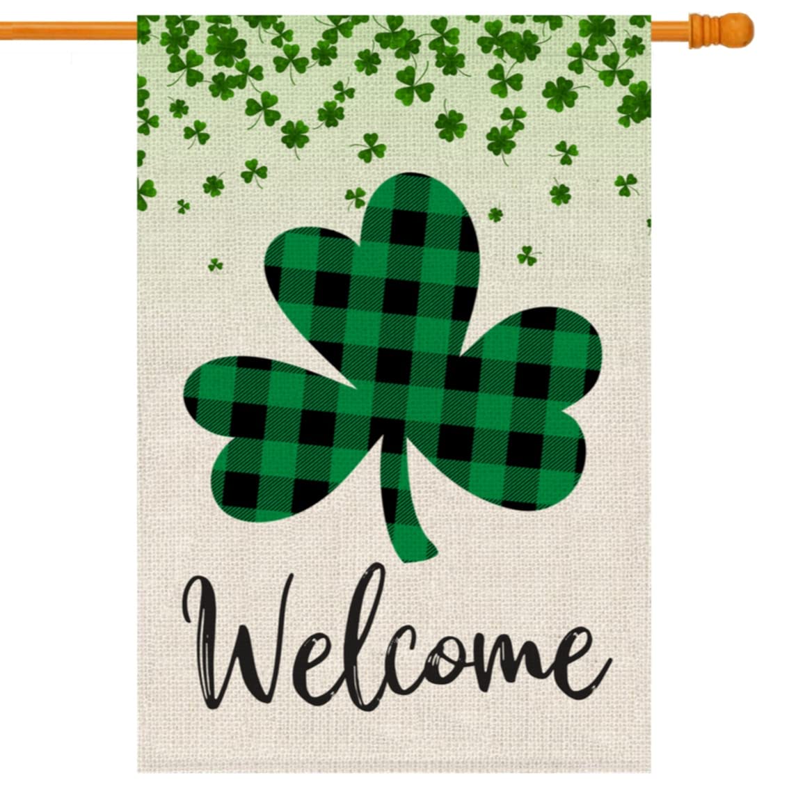 PartyBuzz St Patricks Day House Flag Shamrock Welcome (28x40, Double Sided) Large Happy Saint Patty’s Day Burlap House Flag