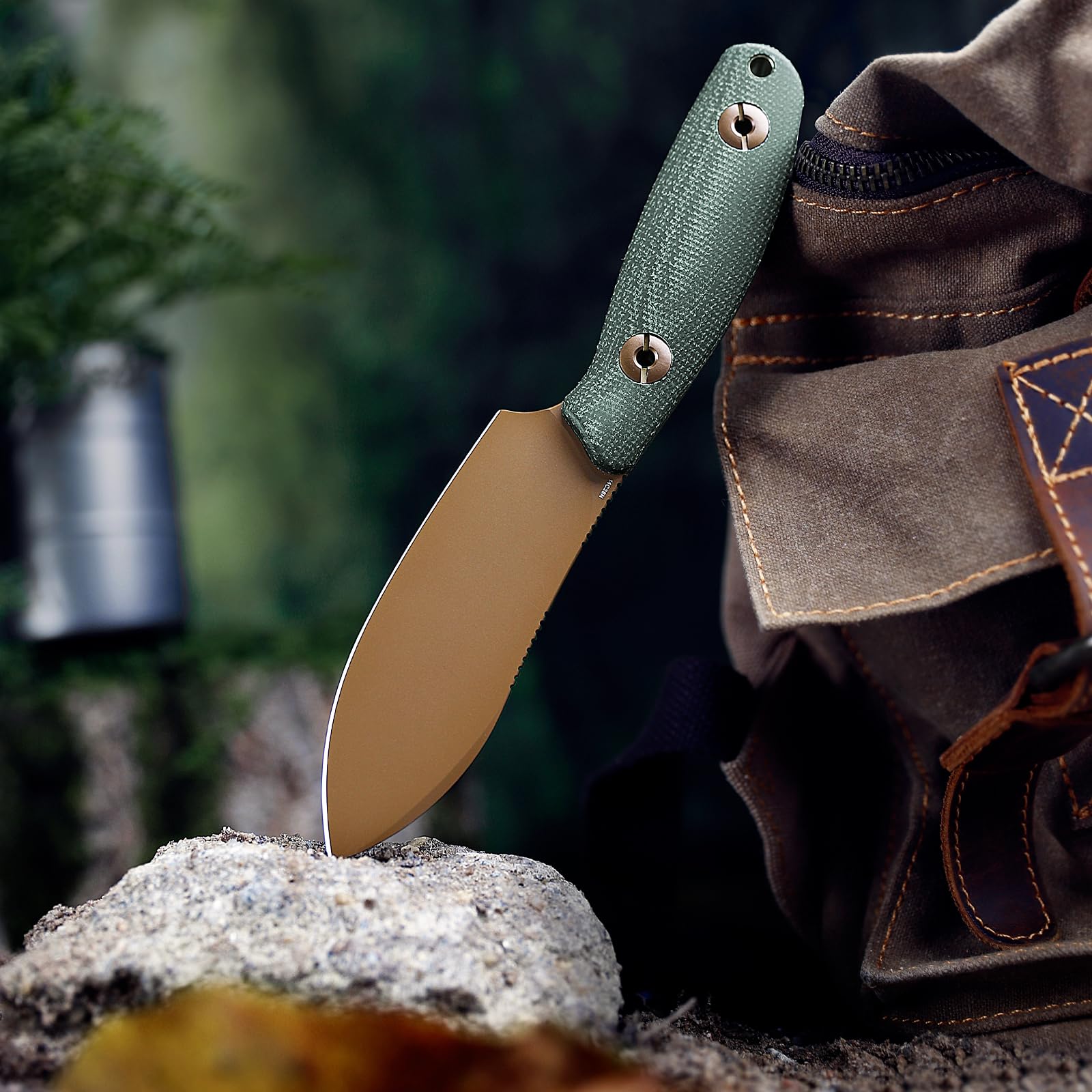 TRIVISA Aubergine Outdoor-Messer, Feststehende Vollerl-Klinge mit Kydex-Scheide, 9,8 cm 14C28N-Stahlklinge Jagdmesser, Grüner Micarta-Griff, Outdoor-Messer für Camping (Grün)
