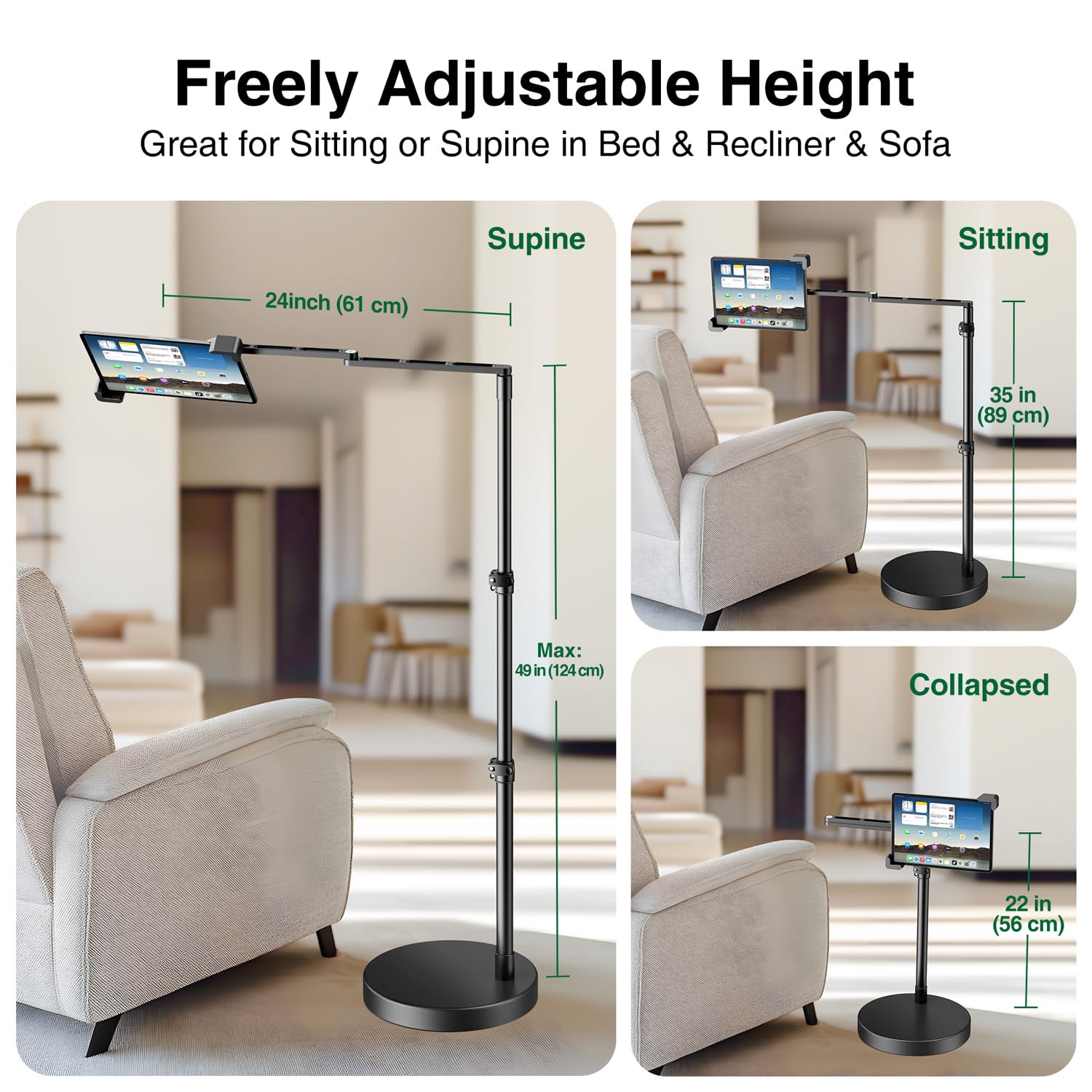 elitehood Diagonal iPad Ständer Höhenverstellbar mit 61cm Langer Arm | Tablet Bodenständer mit 6.3 kg Schwere Basis, Verriegelbare iPad Halterung Bett für iPad Pro Air Mini & 9–13" Tablets