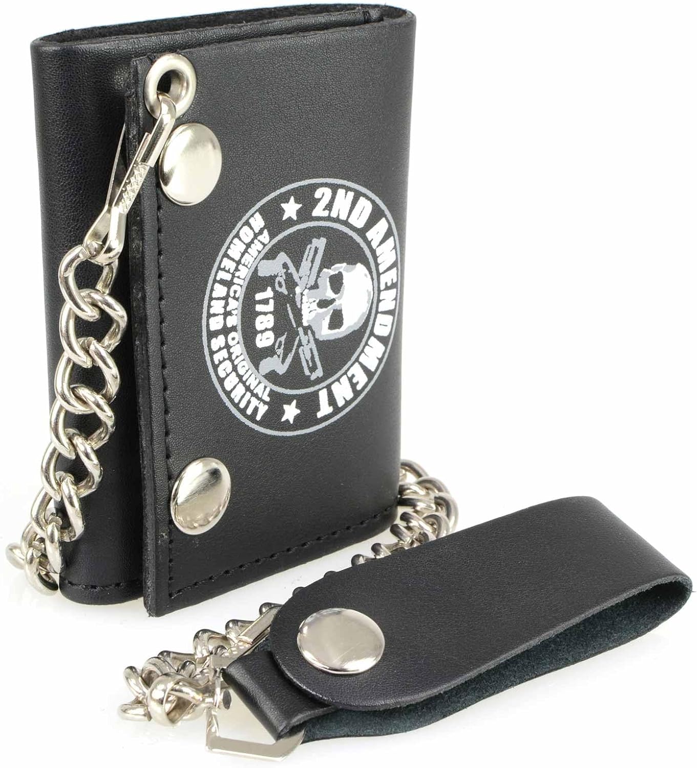 Milwaukee Leather MLW7839 Men's 4” Leather “2nd Amendment” Tri-Fold Wallet w/Anti-Theft Stainless Steel Chain - One Size