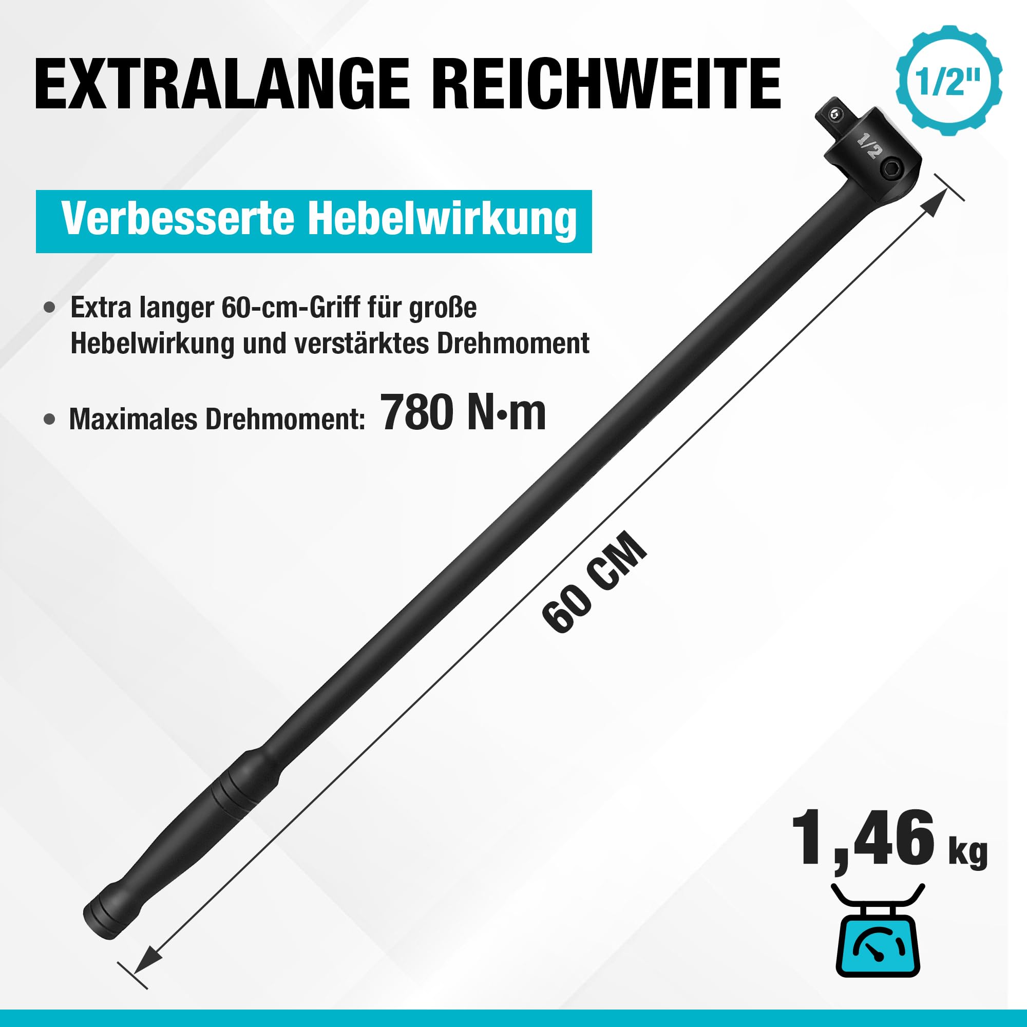 DURATECH 1/2" Gelenkgriff 600 mm, Maximales Drehmoment 780 N·m, mit Flexiblem Kopf, Federbelastete Kugelkonstruktion, für Autoreparaturen und DIY, Schwarz