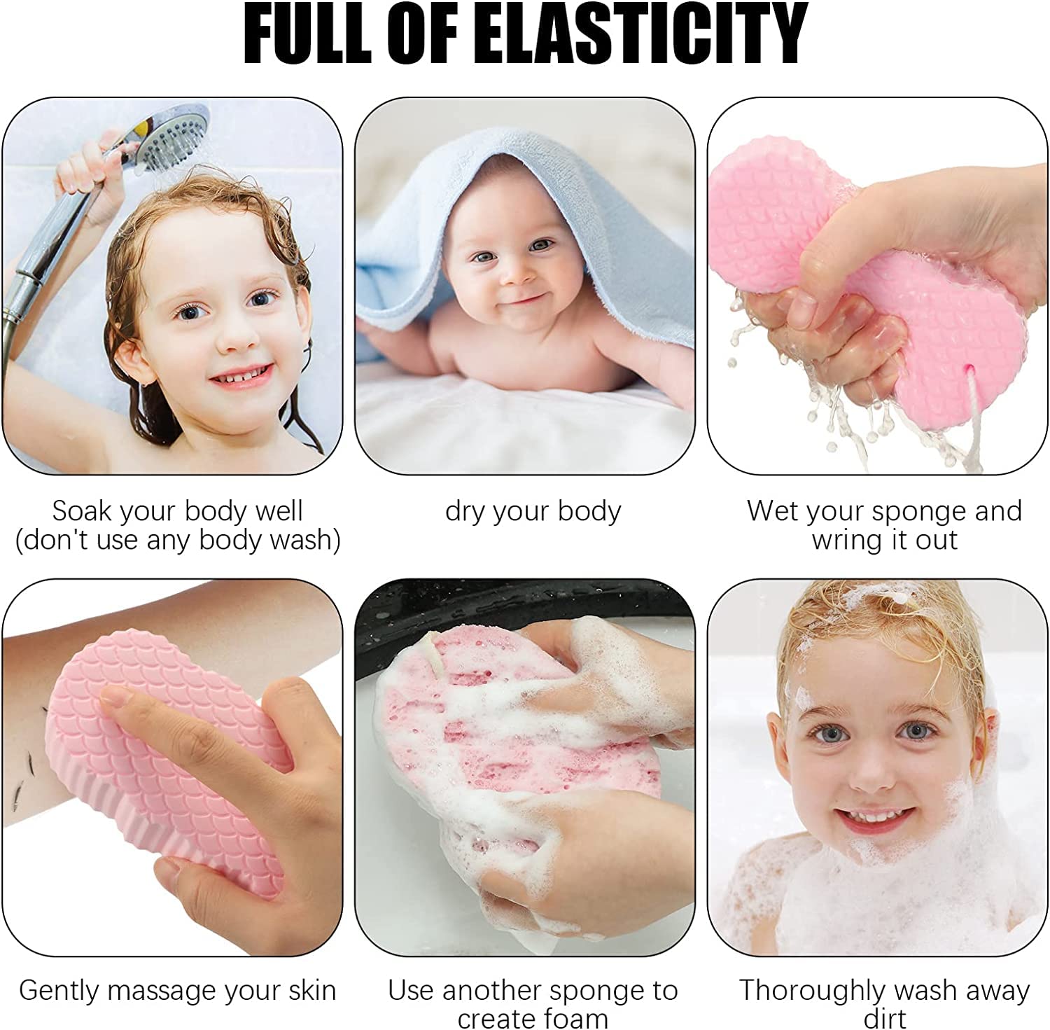 RRJ 4 Pcs Exfoliating Bath Sponge, Soft Exfoliating Bath Sponge Shower Brush Dead Skin Remover for Body Shower Sponge for Adults and Kids with 4 Self Adhesive 2