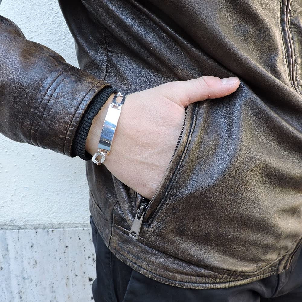Bracciale in Argento Massiccio 925 Catena Grumetta con Fascia Personalizzabile, Incisione Inclusa