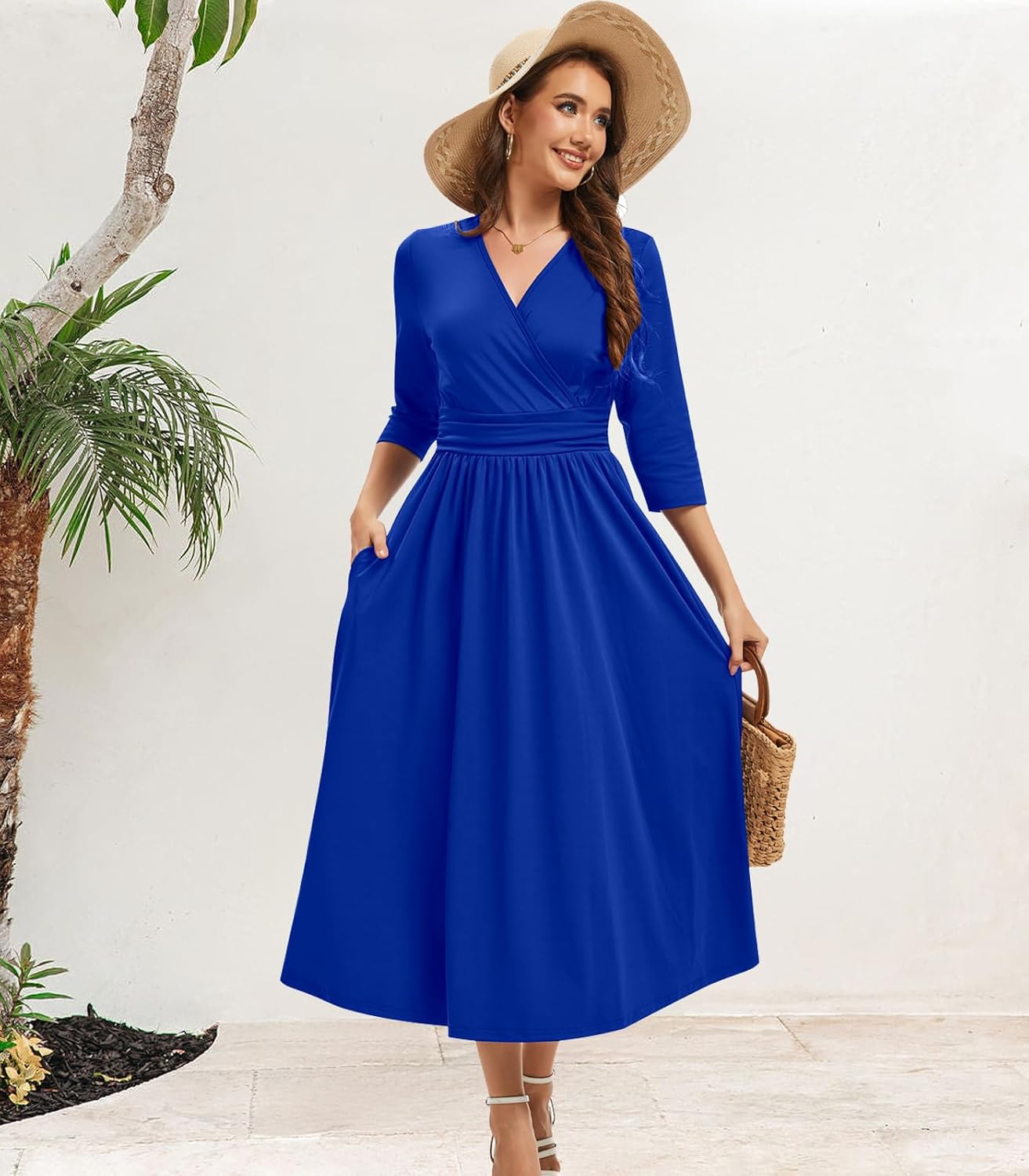 Church Dress for Women A-Line V Neck 3/4 Sleeve Everyday Cocktail Wedding Midi Casual Dresses with Pockets - Image 3