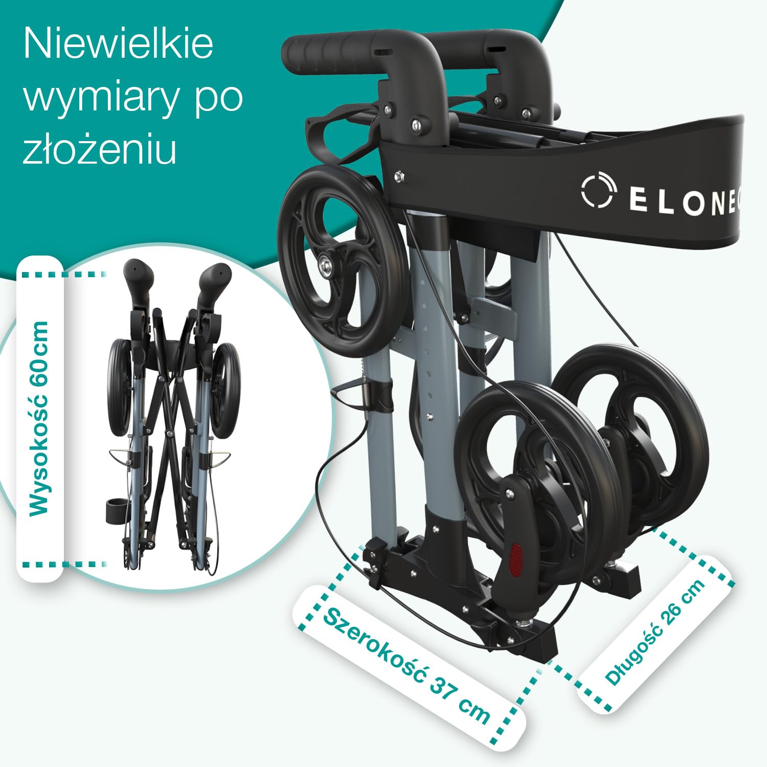 ELONEO Lekki rollator z siedziskiem, 8-stopniowa regulacja wysokości, 3-krotnie składana pomoc do chodzenia z torbą i uchwytem na parasol, mieści się w samochodzie (Antracyt)