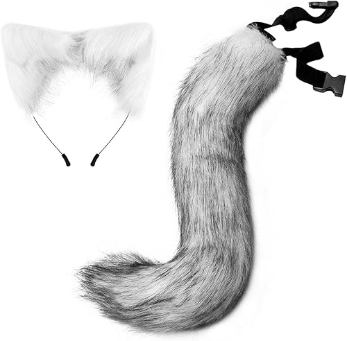 Miniatura 2 de Tachiuwa Conjunto de cola de orejas de animal de zorro para cosplay, disfraz de cola de orejas de lobo, color gris