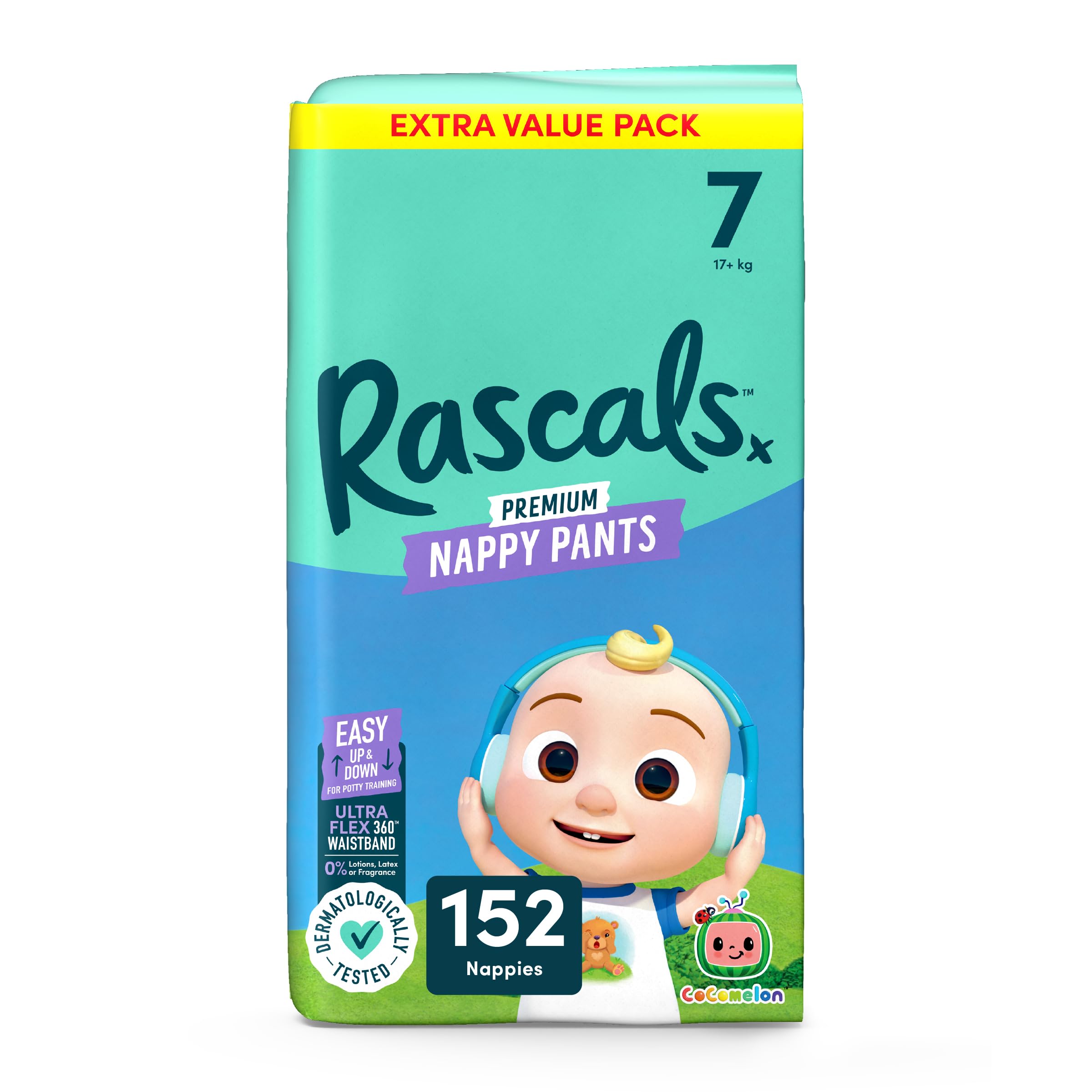 Rascals CoComelon Nappy Pants丨Size 7丨Total 152 Nappies丨UltraFlex 360™ Waistband丨Softness Using AirSpun丨breathable Feather-Soft