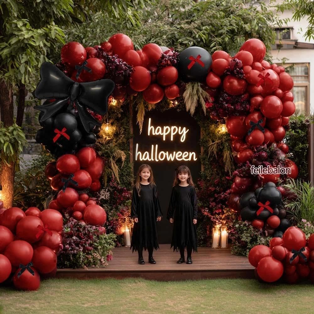 Dark Red Black Balloon Arch Kit with Bow, Double Stuffed Burgundy Black Red Maroon Balloon Garland for Birthday Baby Shower Anniversary Wedding Graduation Mother‘s Day Party Decoration