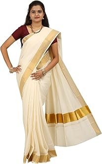 MAT Kuthampully Kerela Onam Wear Kasavu Kattikara Floura Jari Woven Cotton Set Mundu Saree For Women | With Blouse 6.25 Meters