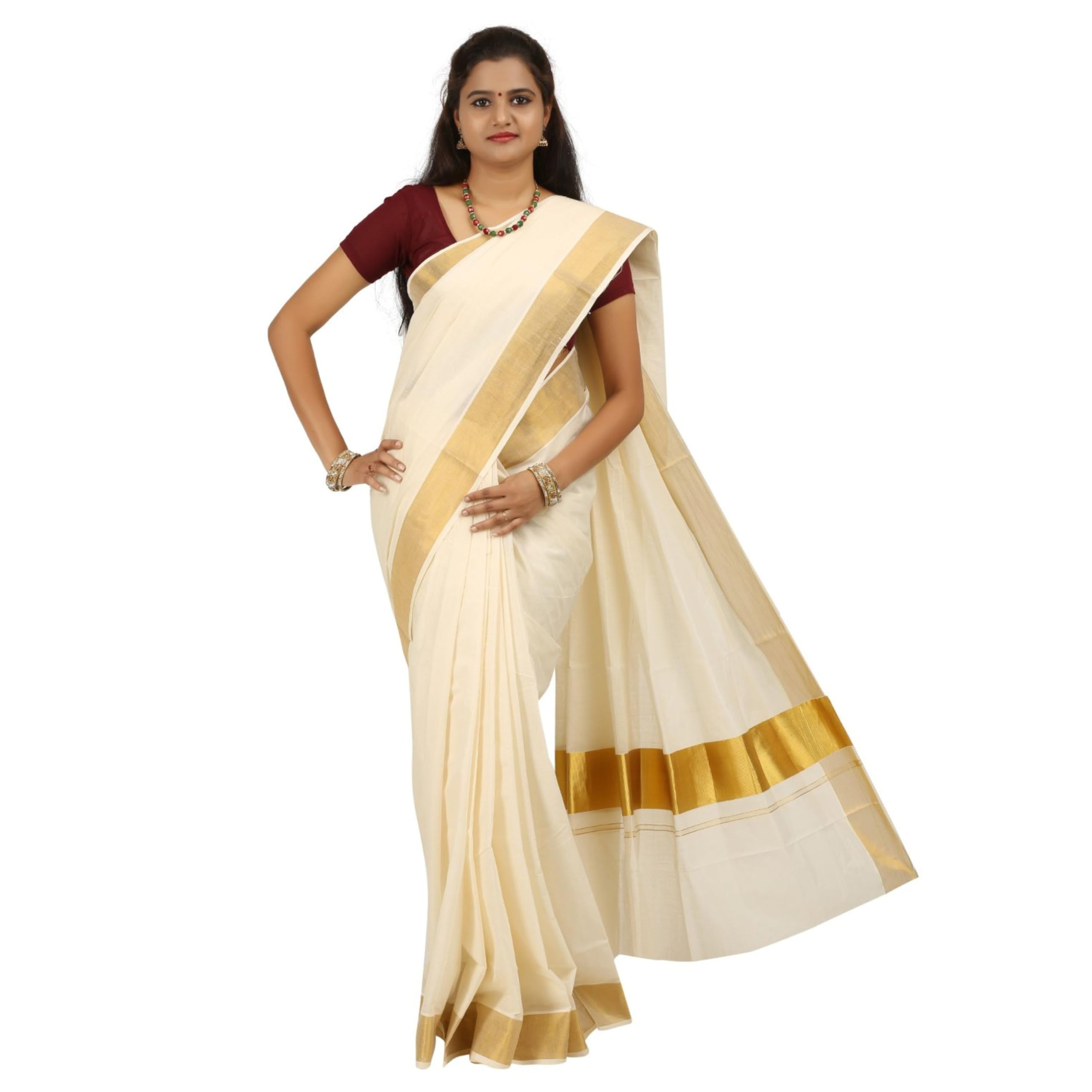 MAT MAARIAMMAN TEXTILE - The Place of Honourable GoodsMAT Kuthampully Kerela Onam Wear Kasavu Kattikara Floura Jari Woven Cotton Set Mundu Saree For Women | With Blouse 6.25 Meters