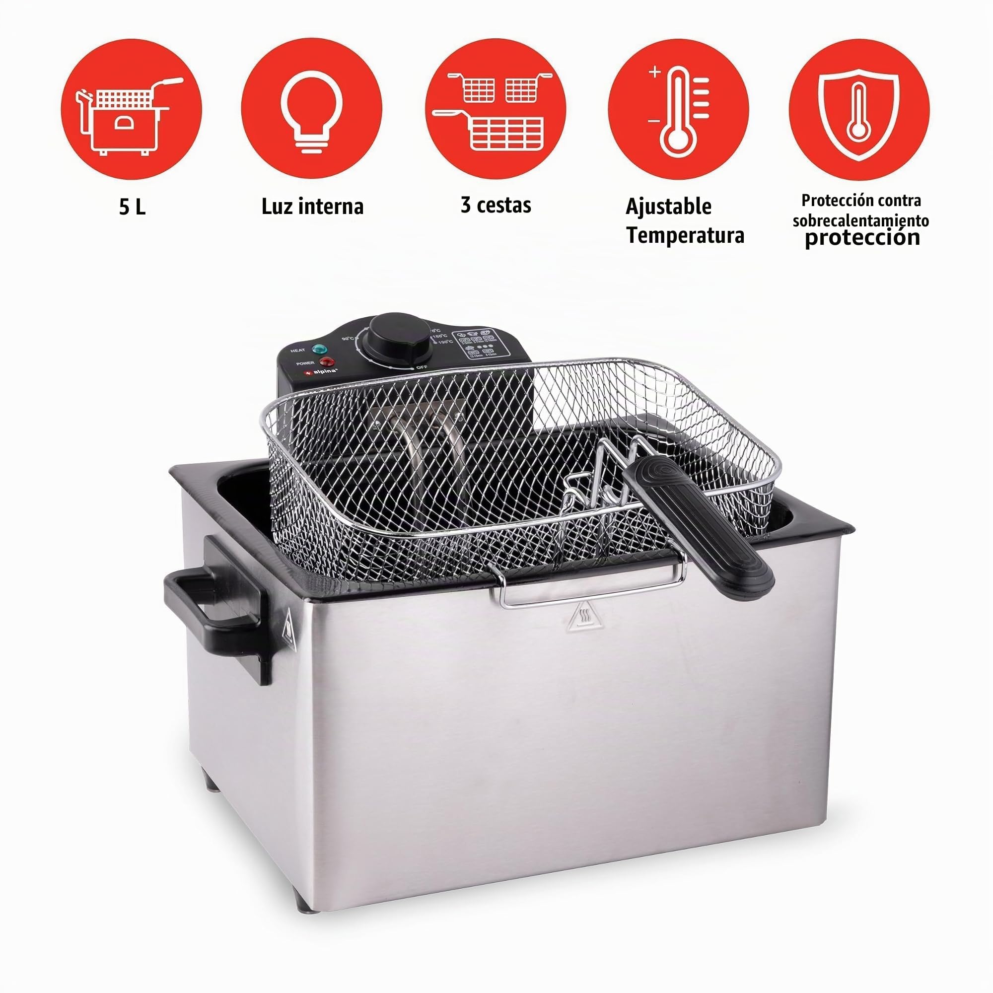 Alpina Freidora de Aceite 5 Litros Con 3 Cestas - 1 Grande y 2 Pequeñas - Ajustable Hasta 190 °C - Profesional 2000W - Acero Inoxidable