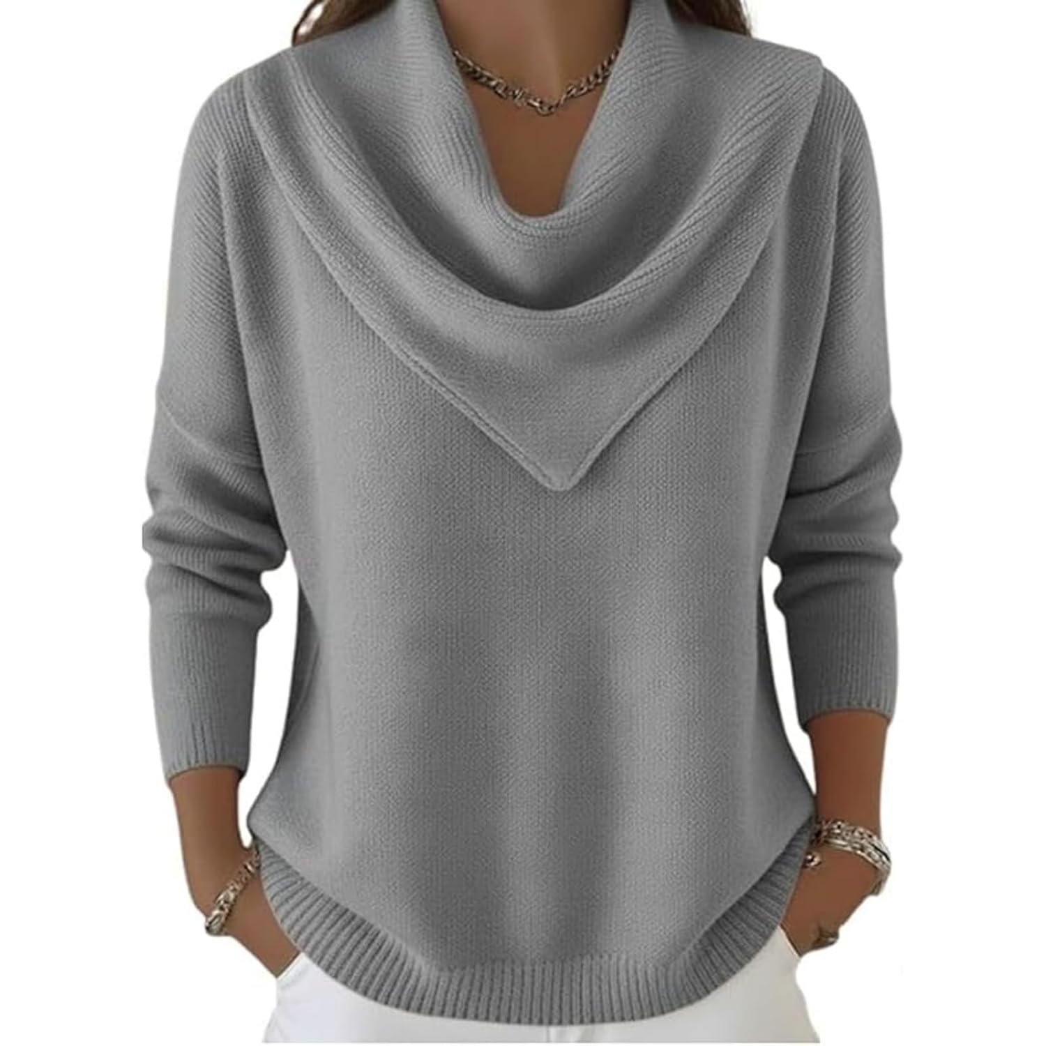 Elegant Retro Soft Triangle Neck Solid Color Sweater Top Cozy Long Sleeve Knitted Casual Pullover for Women