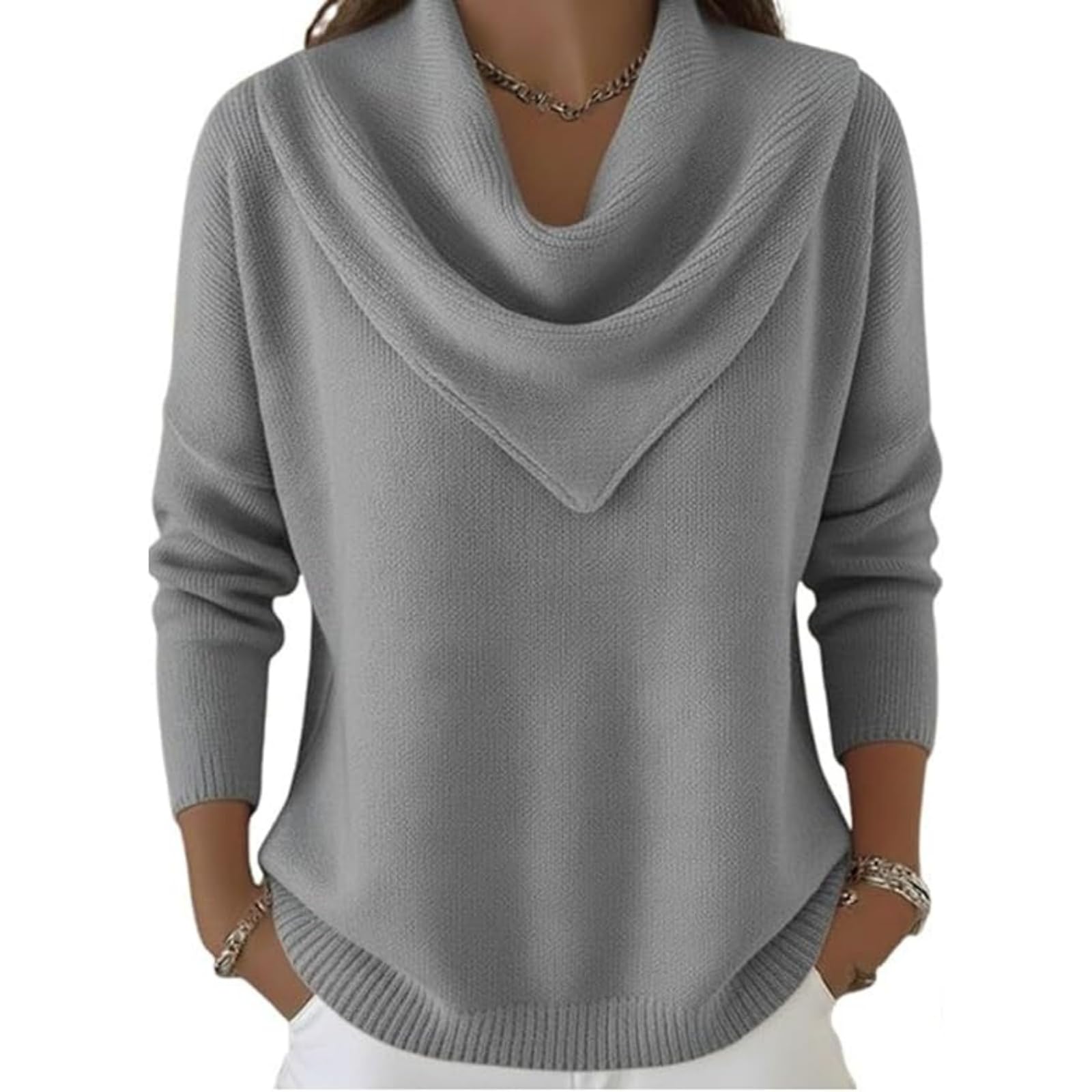 Elegant Retro Soft Triangle Neck Solid Color Sweater Top Cozy Long Sleeve Knitted Casual Pullover for Women