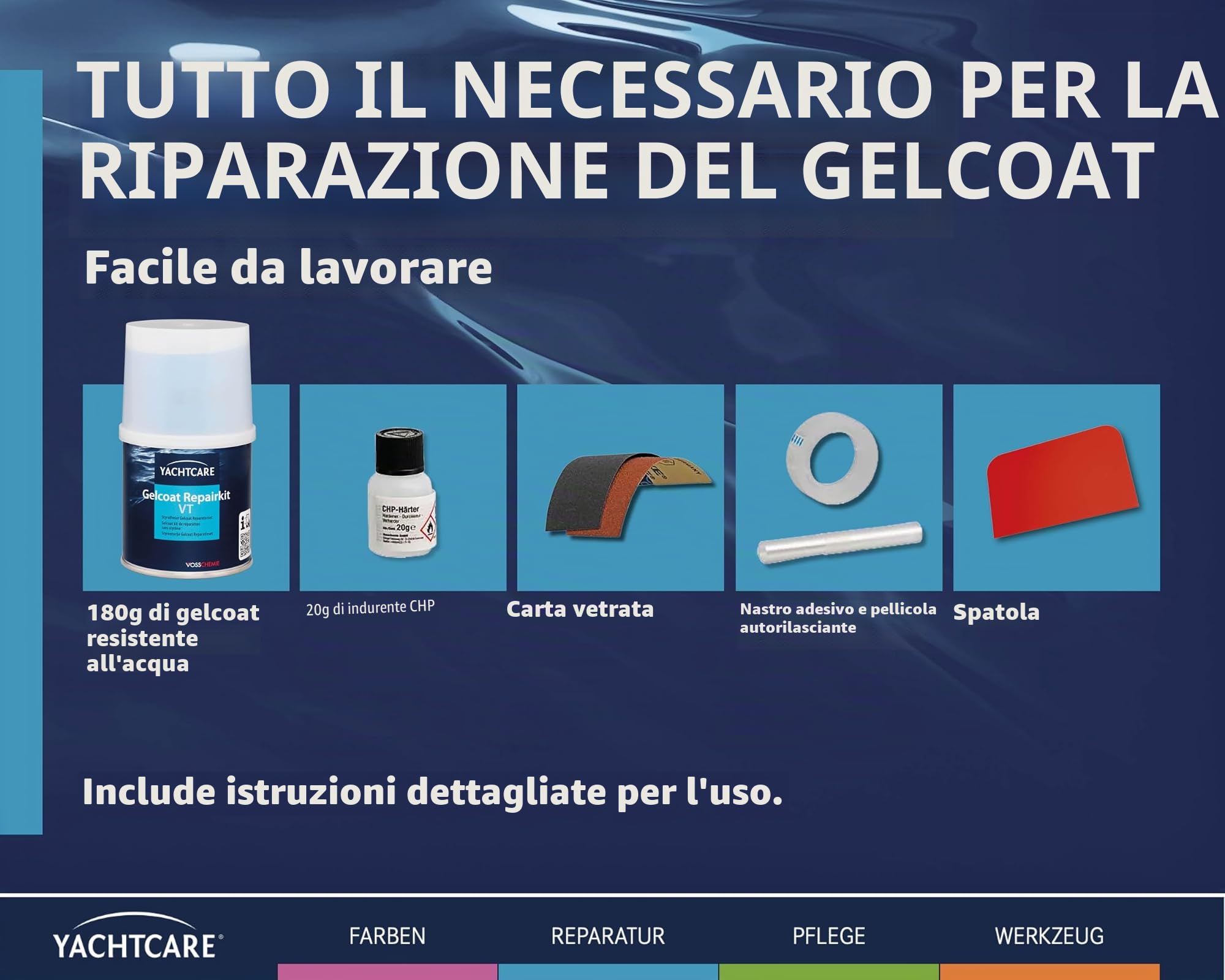Yachtcare Gelcoat Repair Kit VT – RAL 9010 – Kit di Riparazione Senza stirene – 200 g – ripara Piccoli Graffi, Graffi e scheggiature – Si asciuga Rapidamente – Ideale per Barche, roulotte e Camper