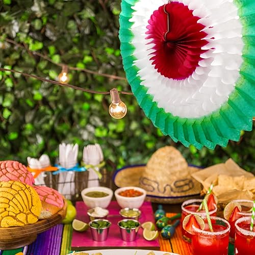 Miniatura 2 de Needzo Decoración colgante de flores de papel de seda rojo, verde y blanco, decoraciones de fiesta temática mexicana, 18 pulgadas