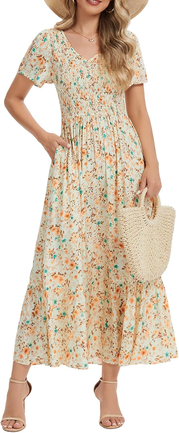 Vogebund Women's Summer V Neck Flowy Maxi Dress Casual Short Sleeve V Neck Smocked Beach Boho Dresses with Pockets - Image 3