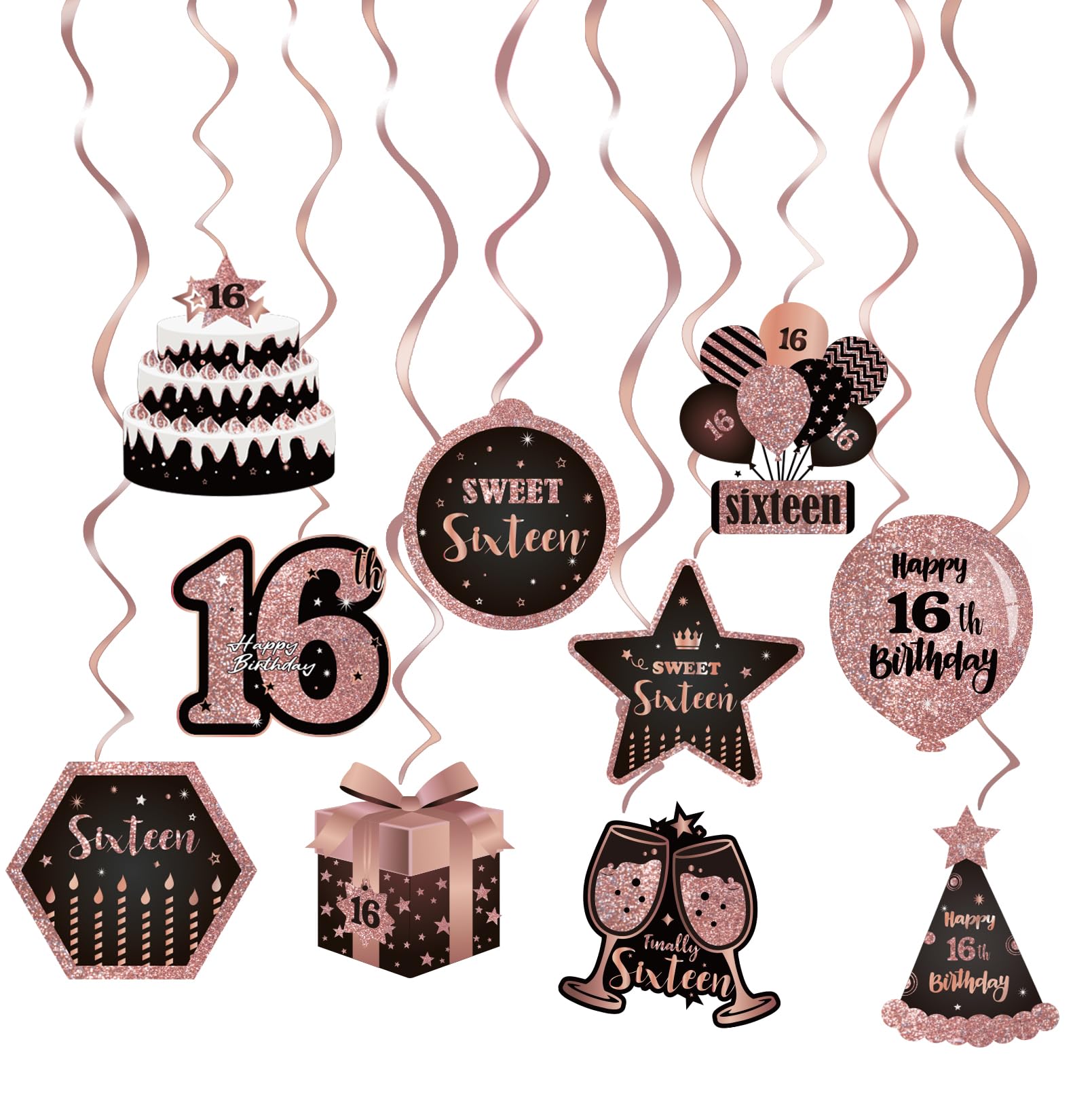 Eclifano Happy 16th Birthday Hanging Swirls Streams Ceiling Decorations,Sixteen,Celebration Old Rose Gold Birthday Party Decorations Supplies 16 Foil