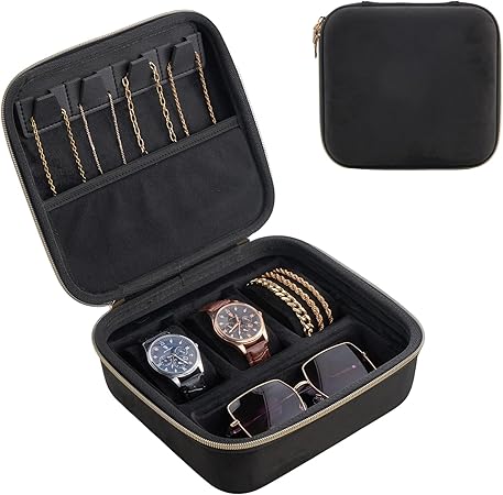 ProCase Mens Small Jewelry Storage Case, 3 Slots Travel Watch Accessories Carrying Box, Glasses Necklaces Rings Bracelets Zippered Organizer Bag for Male -Black