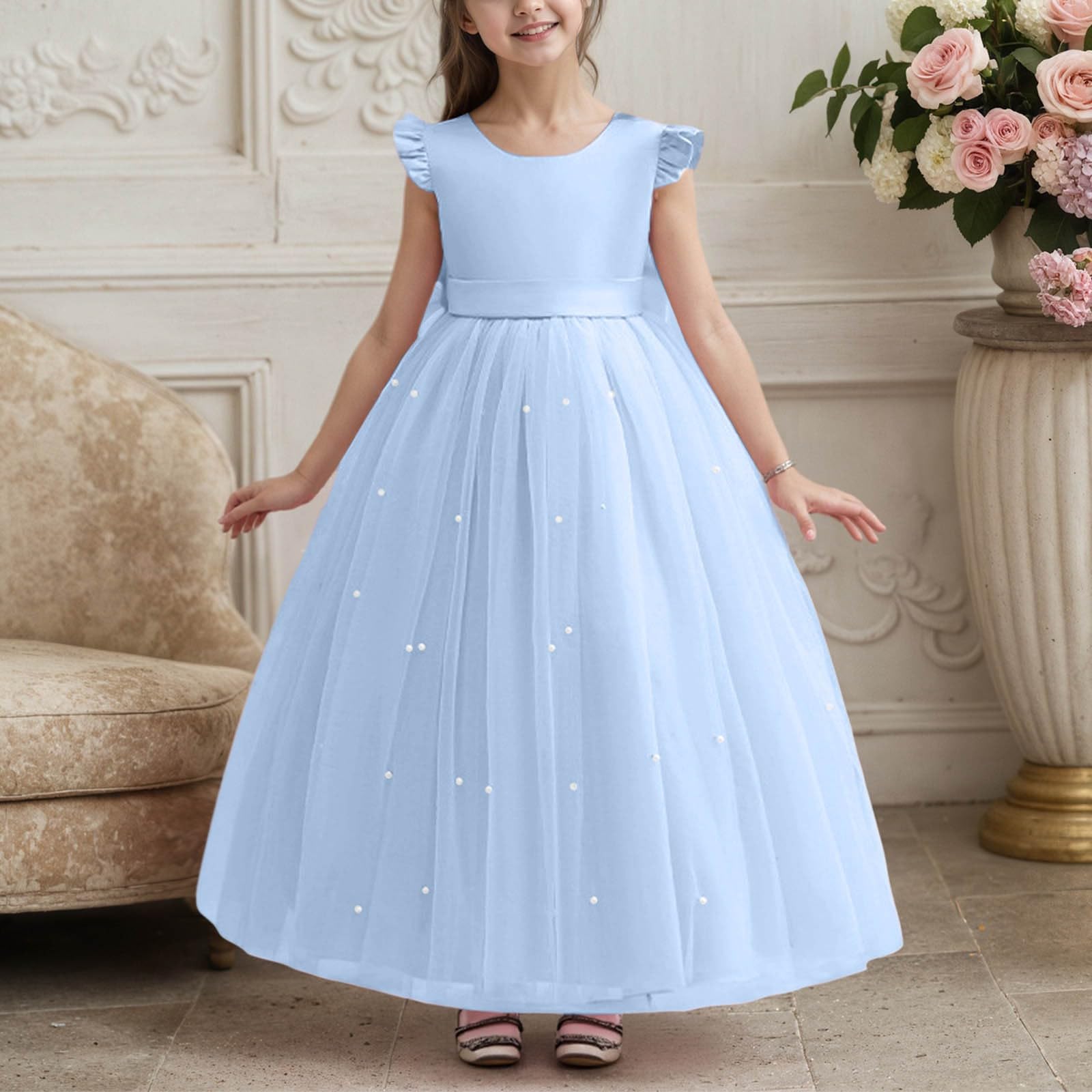 Generico Gonna Tulle Bambina Tutu Ballerina Bambina Gonna A Vita Alta Lunga con Fiocco E Perline, Abito Formale per Compleanni E Gare di Bellezza