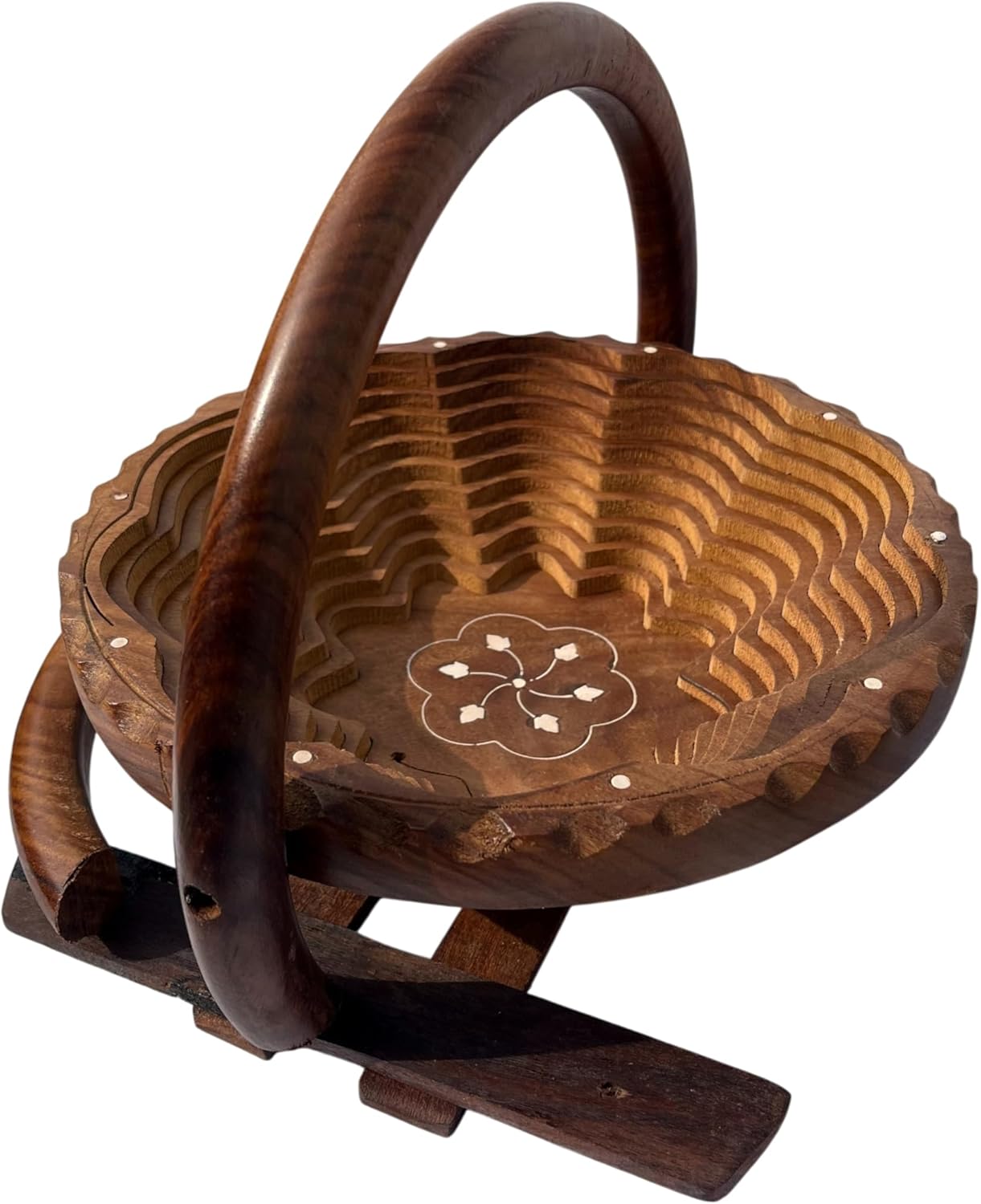 Handcrafted Carved Foldable Wooden Fruit Basket with Carry Handle | Collapsible Solid Wood Serving Bowl for Fruits, Dry Fruits & Table Décor