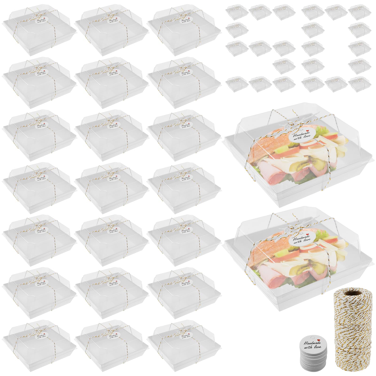 50 Pcs Cake Slice Boxes, Paper Charcuterie Box with Clear Lids, Oil-Proof Dessert Box with Hang Tag and Hemp Rope, Paper Sandwich Platter Trays for Sandwich, Sushi Roll, Hamburger and Cookie (White)