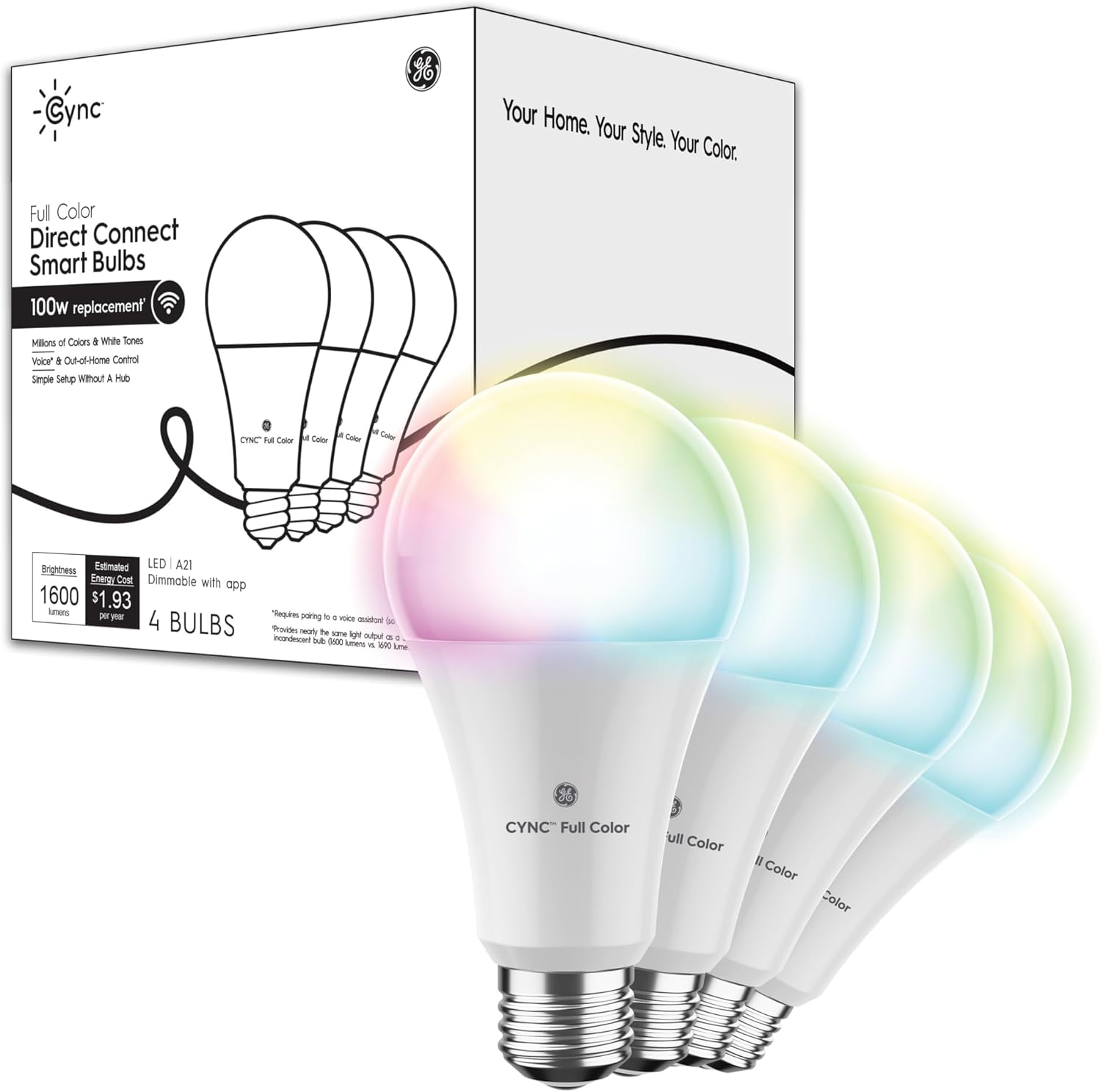 Cync GE A21 Smart LED Light Bulbs, Color Changing Room Decor, Bluetooth and WiFi Light Bulbs, 100W Equivalent, Work with Amazon Alexa and Google Home (4 Pack)