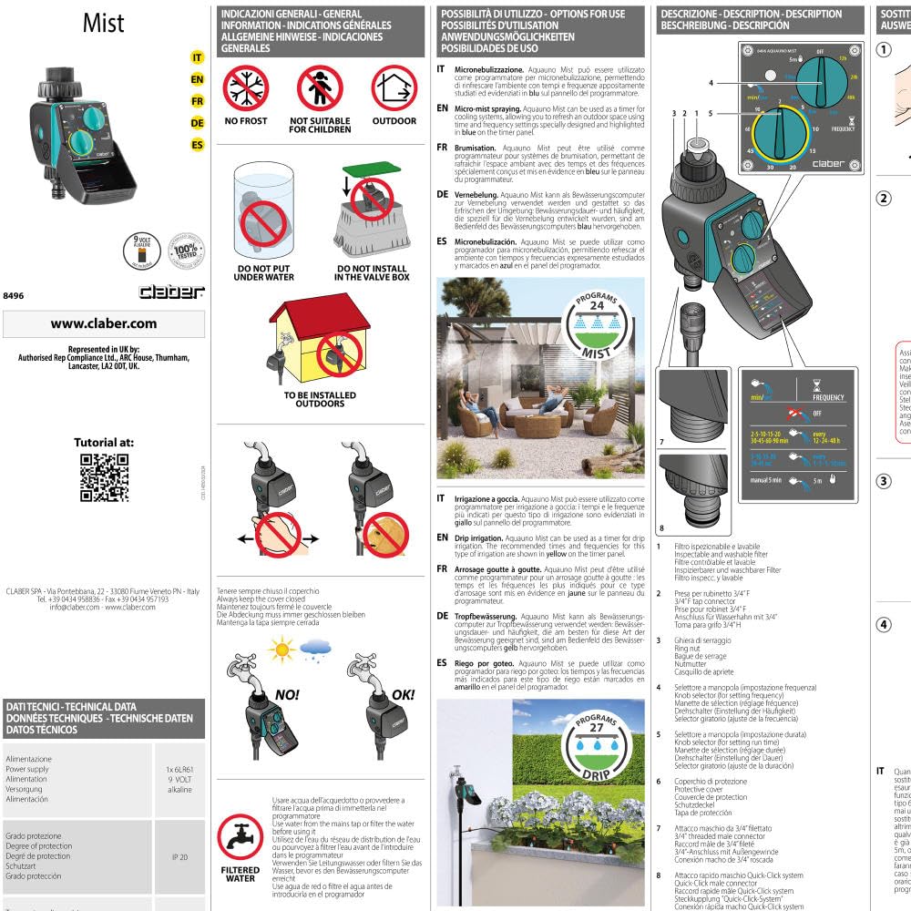 Claber Kit Happy Fresh Evolution 12 m con Aquauno Mist, Kit di raffrescamento per Giardino