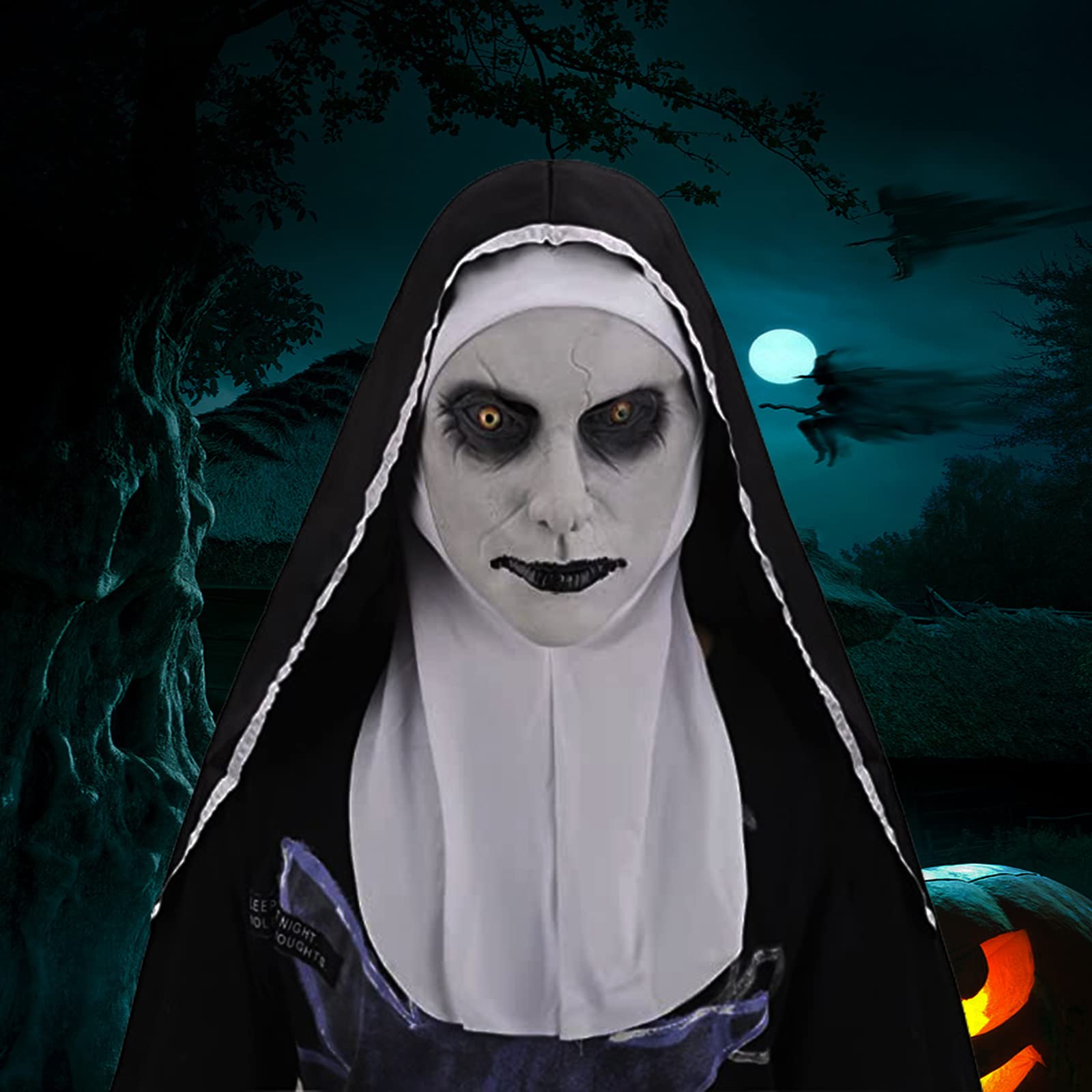 TIANHOO Maska zakonnicy, straszna lateksowa maska na Halloween, horror, maska na całą głowę, z chustą na głowę, zakonnica, przebranie, kostium cosplay, maski na Halloween, karnawał, przyjęcie,