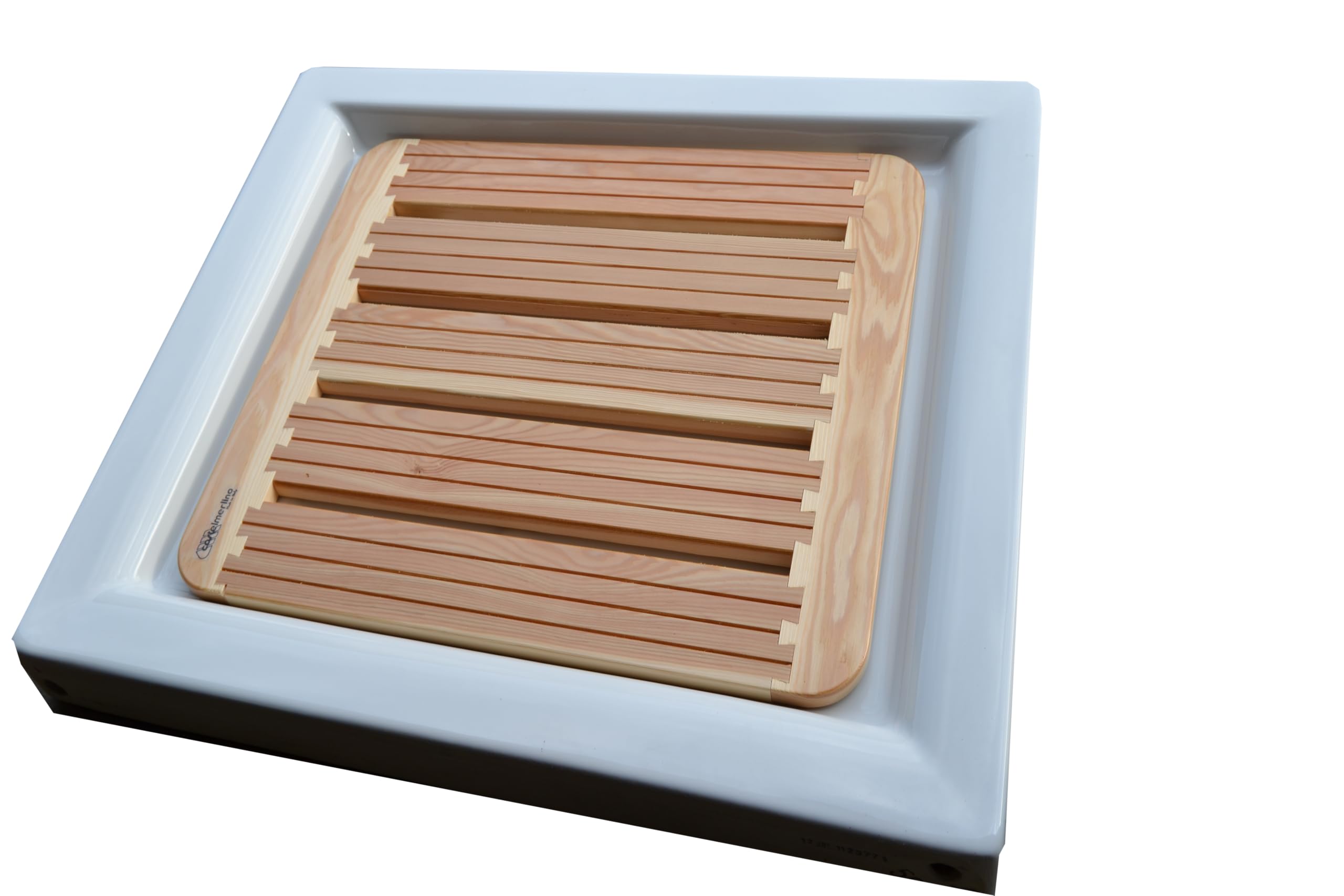 Castelmerlino Tarima para ducha en madera de alerce con juntas de cola de milano 59x59 cm para platos 80x80 cm