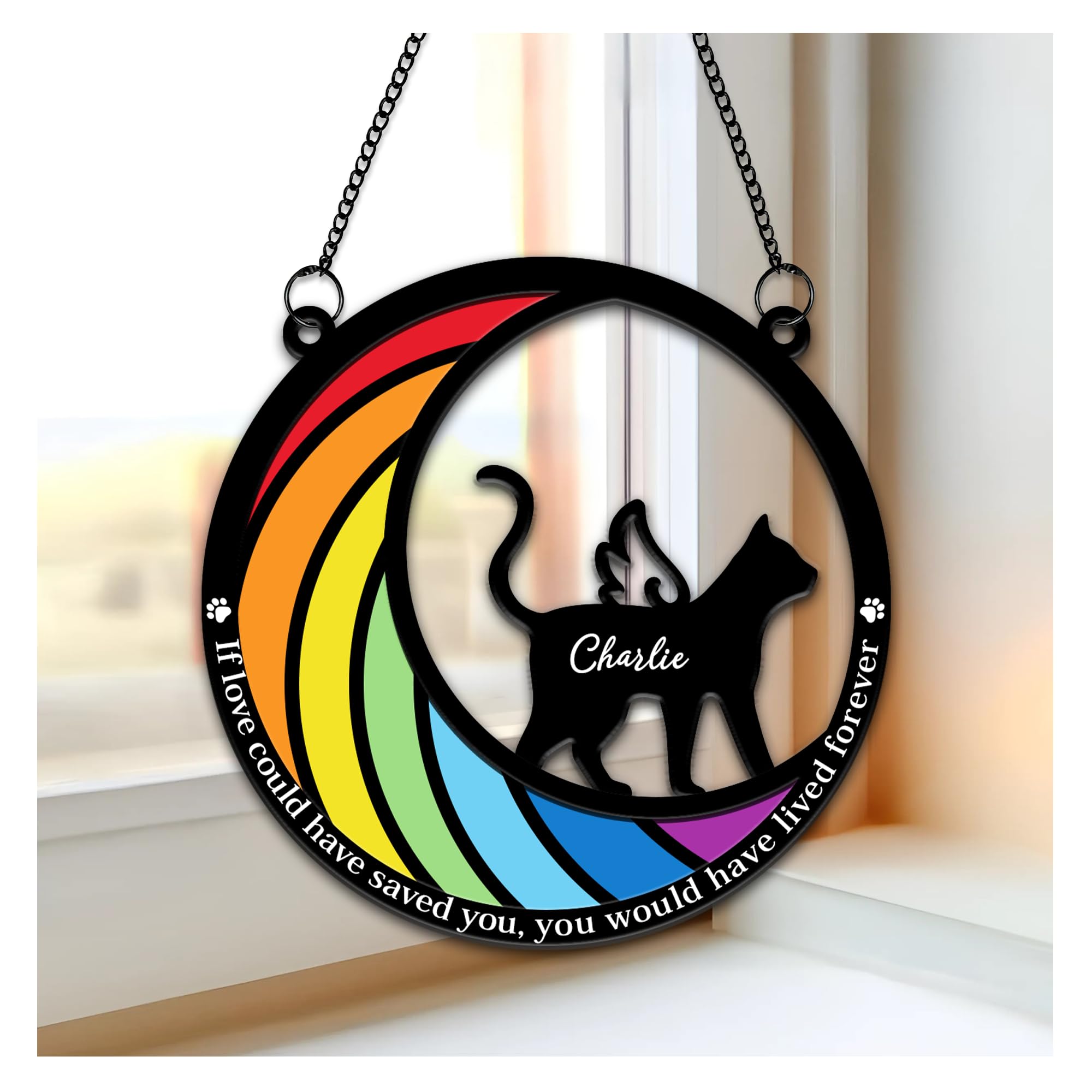 Hyturtle Personalized Rainbow Suncatcher - Loss of Pet Sympathy Gift - Memorial Cat Gifts - Hanging Indoor Window Decor - Custom Cat Breed Ornament 8'' Decoration