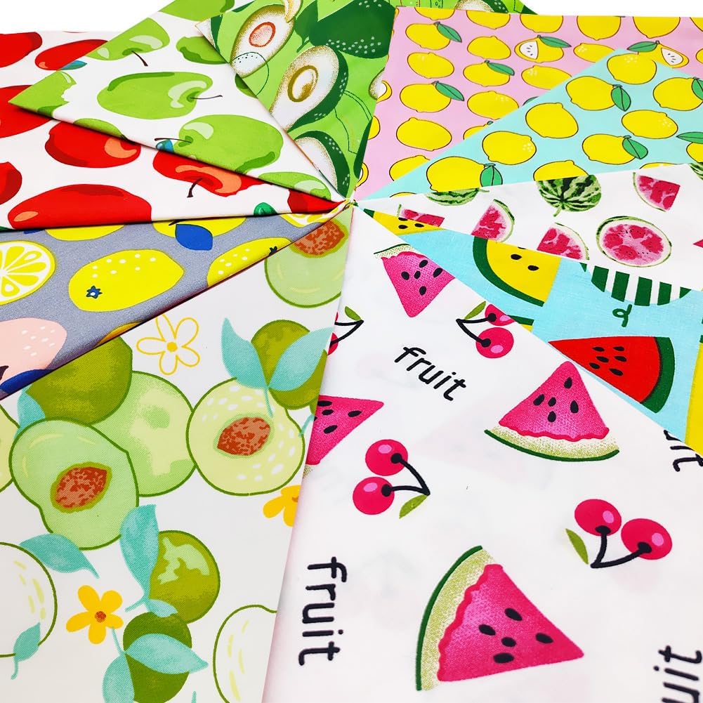 Fat Quarters Fabric Bundles, 10 Pcs 100% Cotton 19.69” x 19.69” (50cmx50cm) Precut Quilting Fabric Squares Sheets for DIY Patchwork Sewing Quilting Crafting, No Repeat Design (Fruit Pattern)