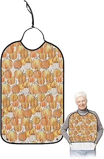 Kewadony Adult Bibs for Elderly Women - Thanksgiving Waterproof Dining Clothing Protectors with Crumb Catcher for Eating/Feeding, Fall Orange Watercolor Pumpkin Black Line Burlap Terry Cloth Bib