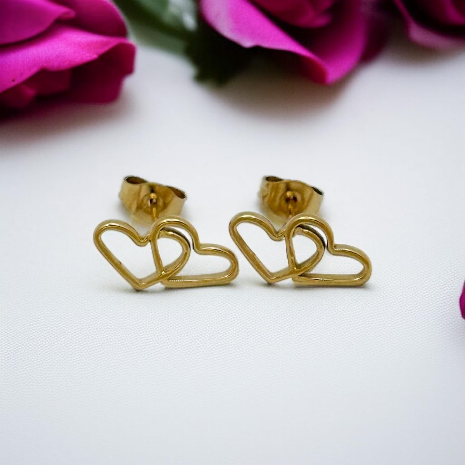 Generic Heart Stud Earrings, 18K Gold Plated Stainless Steel, 15mm, Hypoallergenic Push Back Closure for Women, Valentine's Day Collection - Image 4