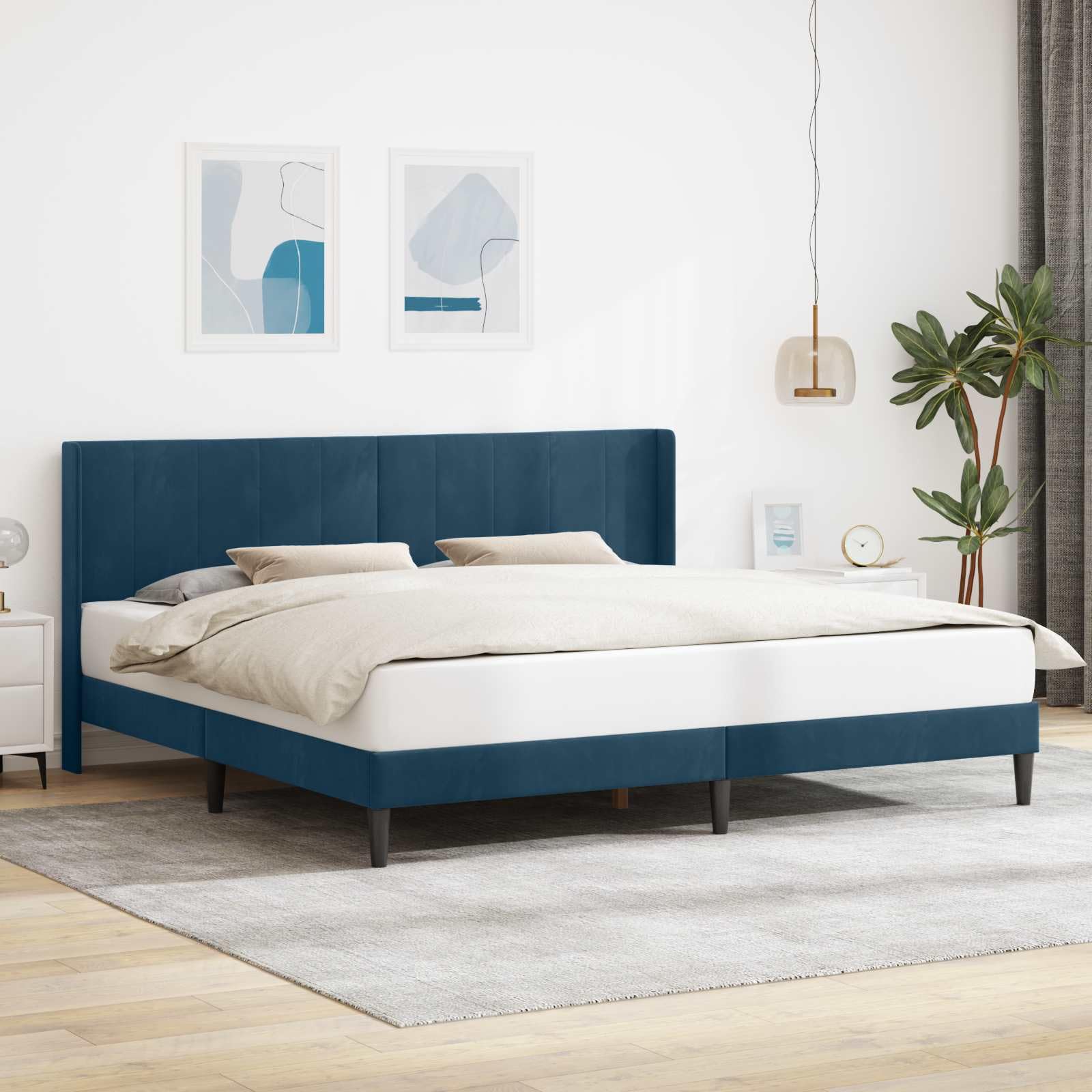 Lit rembourré confortable 180x200 avec sommier et tête de lit velours bleu pour chambre