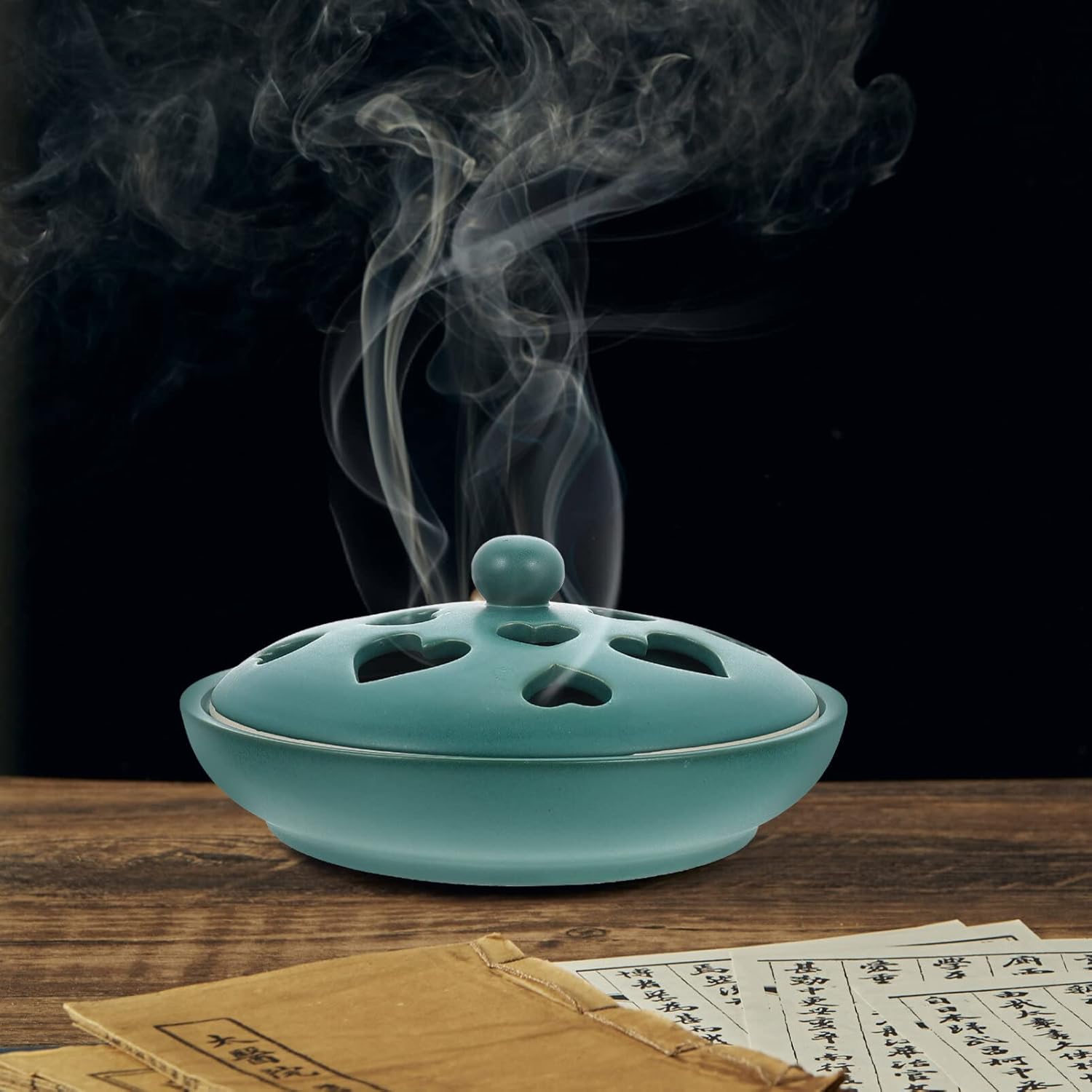 Abaodam Ceramic Incense Burner Ornament Incense Coil Burner Cone Holder cast Iron Cauldron Bowl with Lid Ceramics Office Stick Household