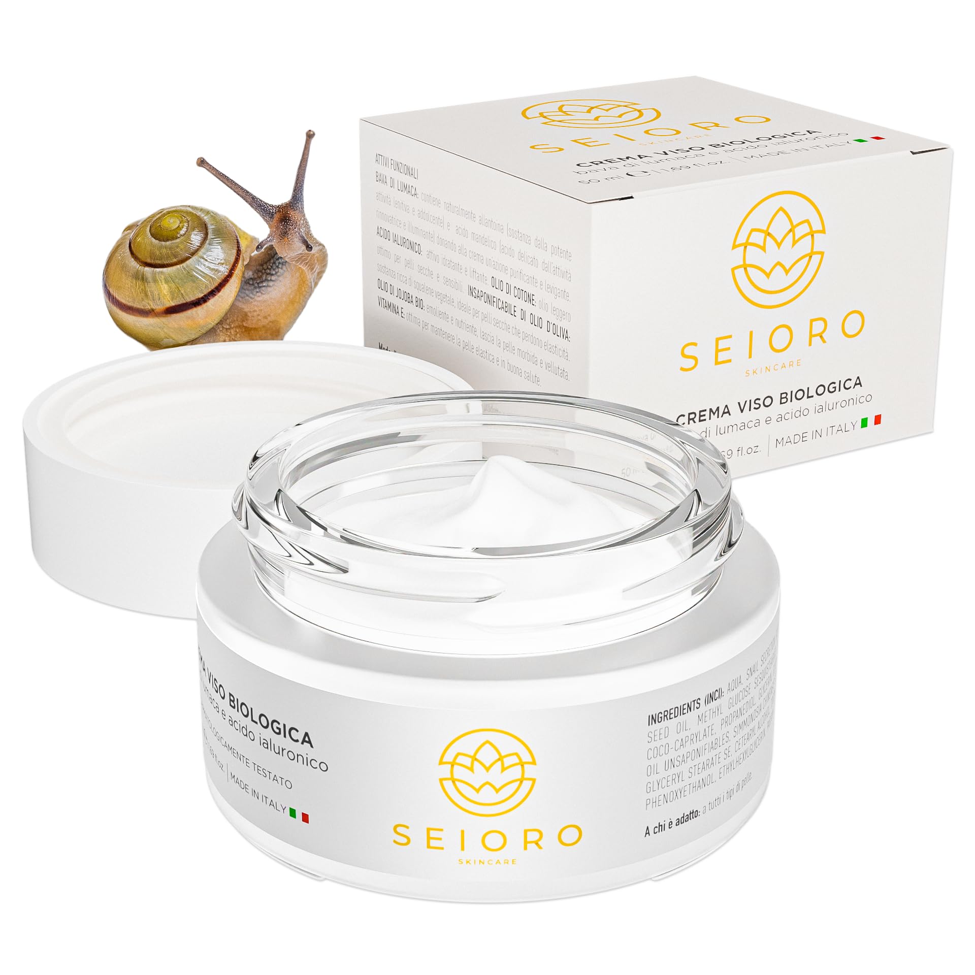 SEIORO Crema Viso Bava di Lumaca Biologica con Acido Ialuronico e Vitamina E. Antirughe Donna Idratante e Antimacchie per Pelle Mista, Secca o Grassa, 50 ml. | 100% Made In Italy