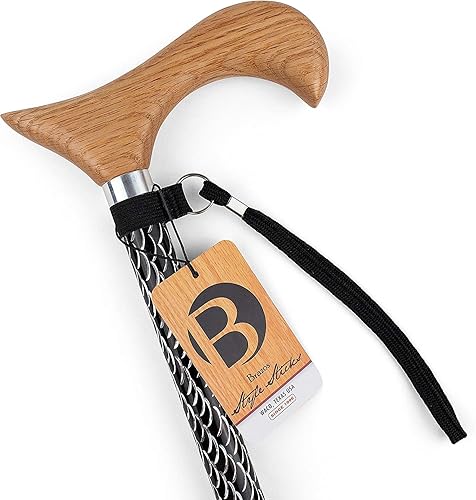 Brazos Bastón ajustable para hombres y mujeres hecho de aluminio grabado ligero con mango de madera, correa de muñeca y punta de goma, cuerpo negro