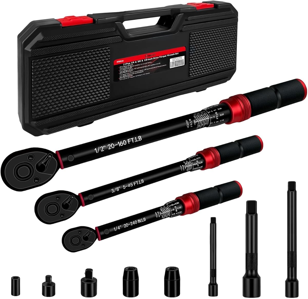 WETT 11Pcs Torque Wrench Set, 1/4'' & 3/8'' & 1/2'' Drive Click Torque Wrench, with Extension Bars & Adapters, Dual-Direction Adjustable Reversible 72-Tooth Ratchet Handle