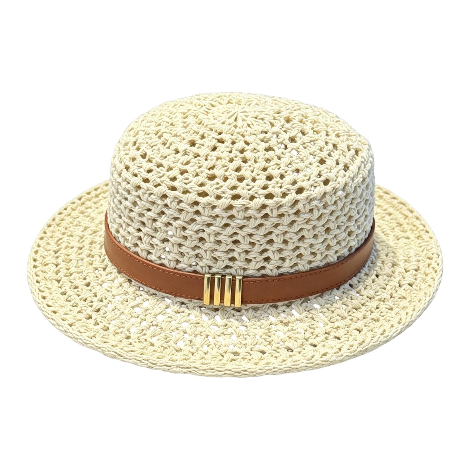 matumou Flat Top Knitted Hat, Leather Strap Wide Brim Hat, Breathable Hollow Weave Summer Hat for Outdoor Travel
