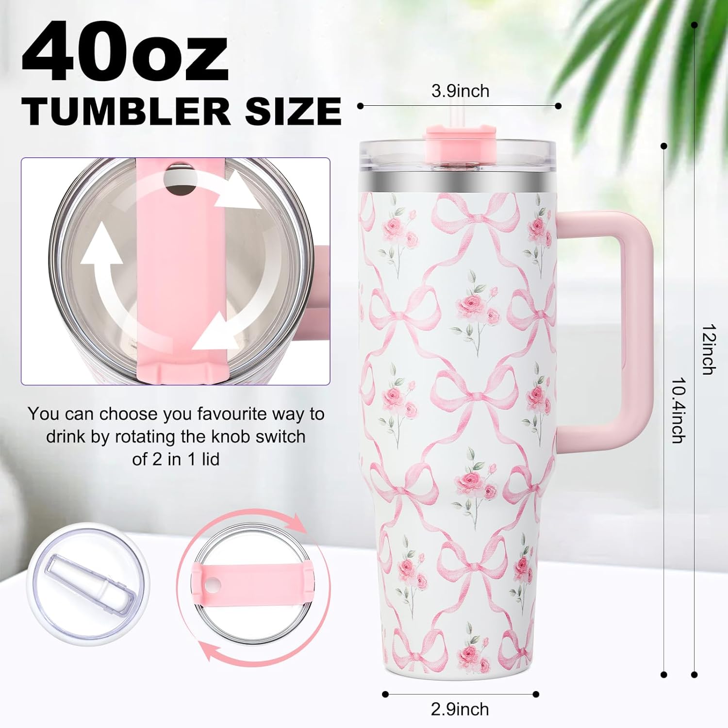 40 oz Pink Bow Floral Tumbler with Handle and Flip Straw Lid, Vacuum Insulated Leak Proof Double Walled Stainless Steel Travel Mug Flower Tumblers, Maintains Cold Ice and Heat for Hours - Image 3