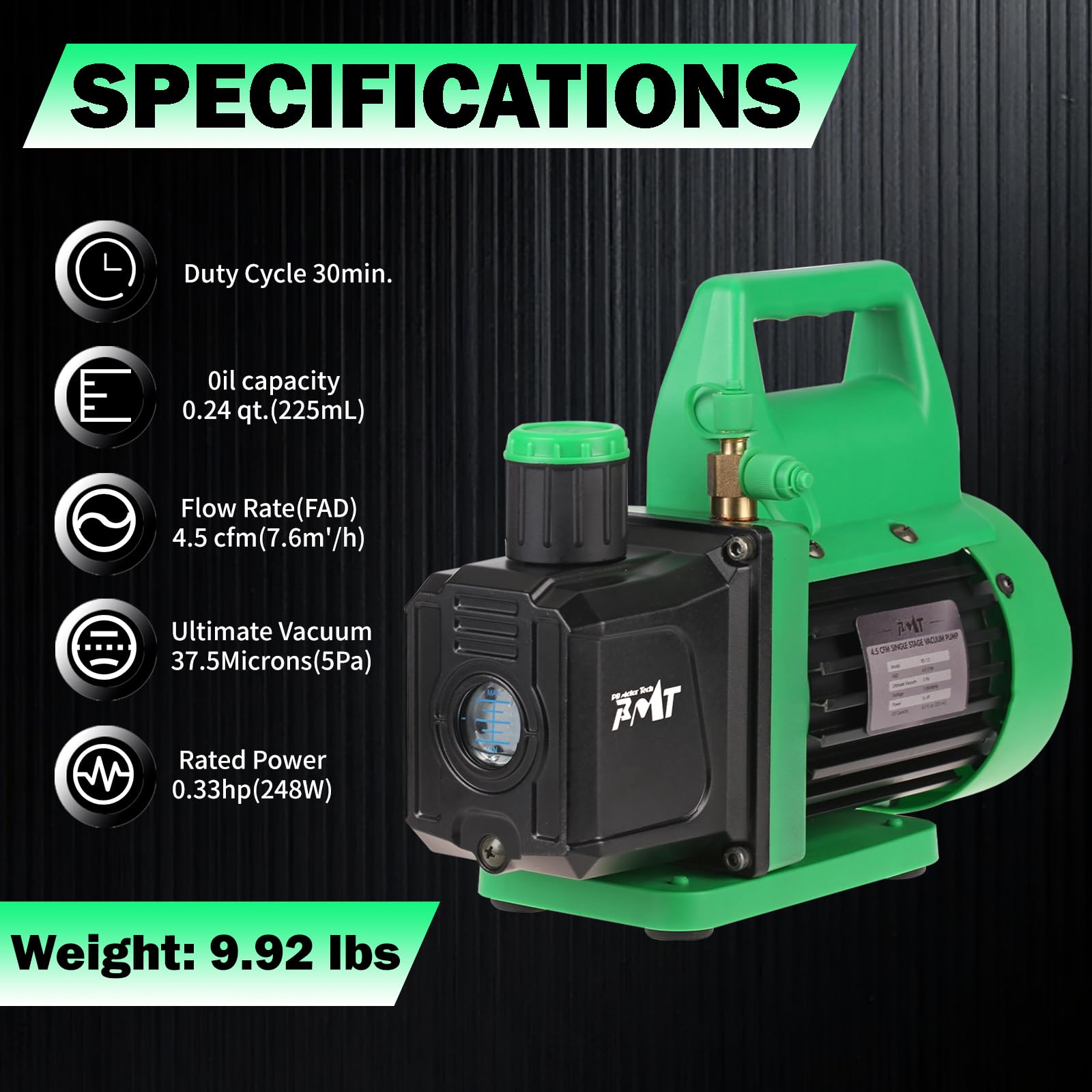 PB Motor Tech - Juego de Bomba de vacío y manómetro - Bomba de 4.5 CFM con manómetro de Aluminio, acopladores rápidos, Adaptador 410, Herramienta de Grifo y Bolsa de Transporte, para refrigerantes