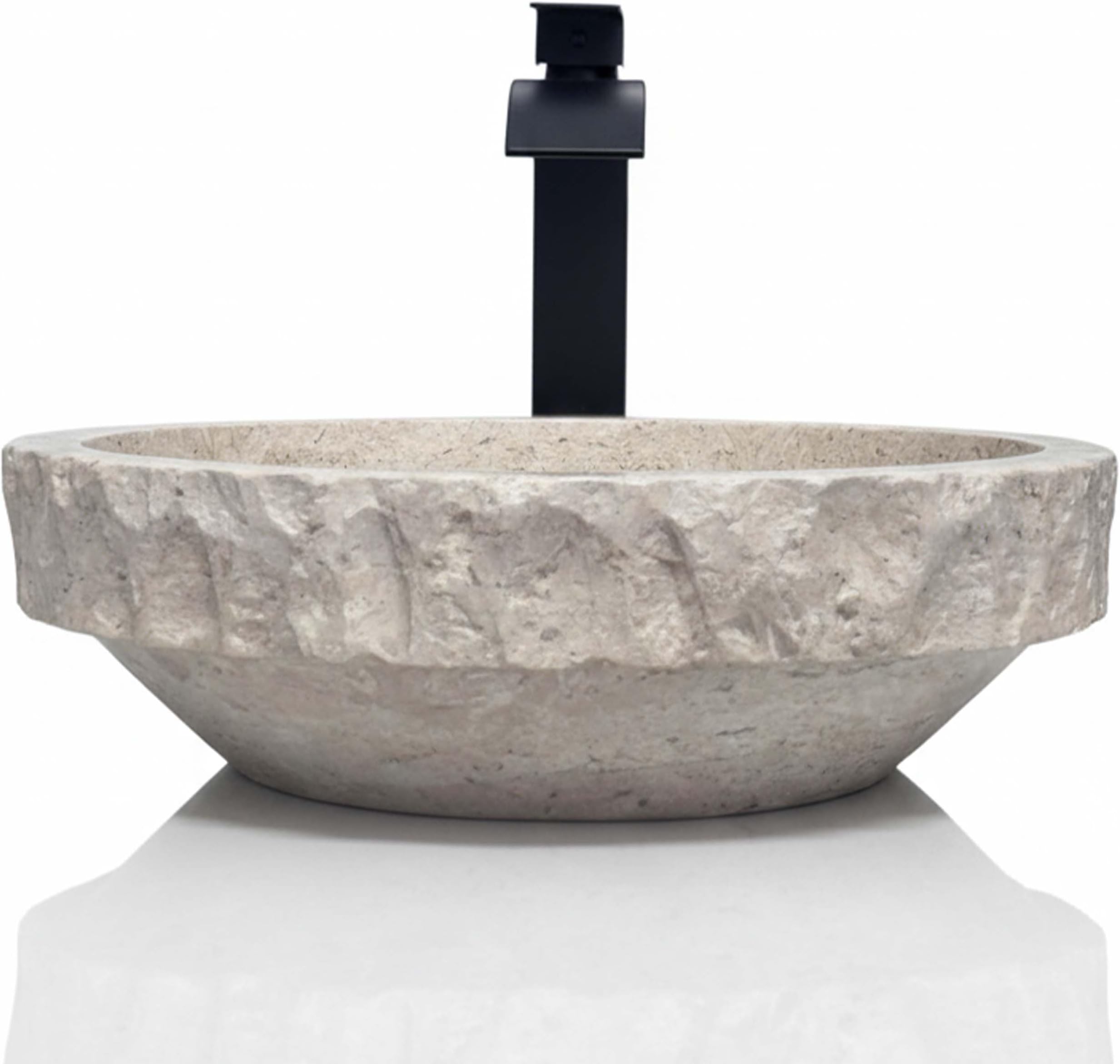 Shades of Nature Round Travertine Vessel Sink, Natural Stone Wash Basin, Hand-Carved Bathroom Sink, Chiseled Exterior, Polished Interior, Above Counter Vanity (Soap Tray Included)