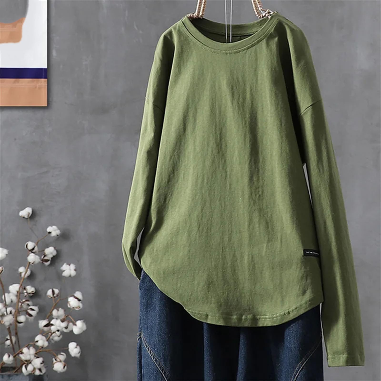 Camisetas de manga larga con cuello redondo y manga larga para mujer, color liso, holgadas