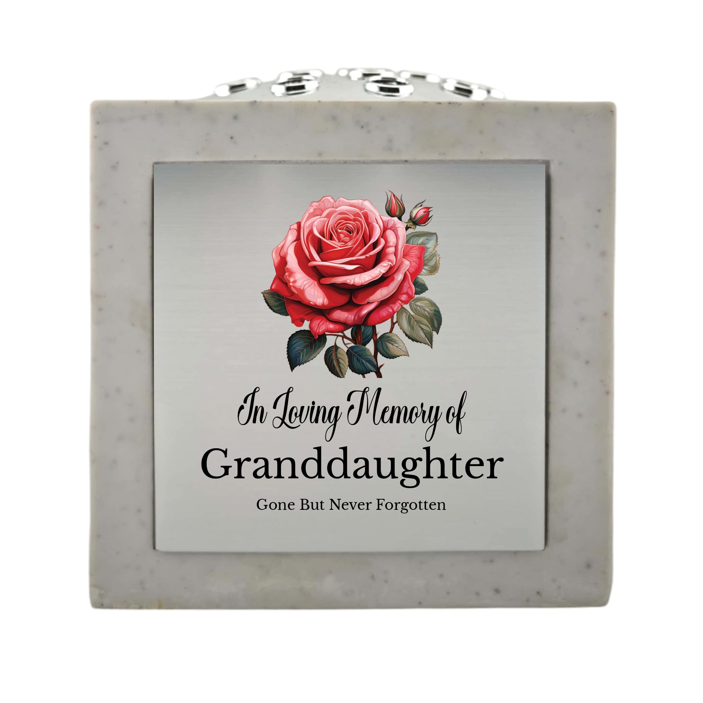 1Stclassgifts White In Loving Memory Of Memorial Rose Bowl Grave Marker Flower Pot Vase With Rose Design Mum Dad Grandad & Lots More /Silver (Uv Printed) (Granddaughter)