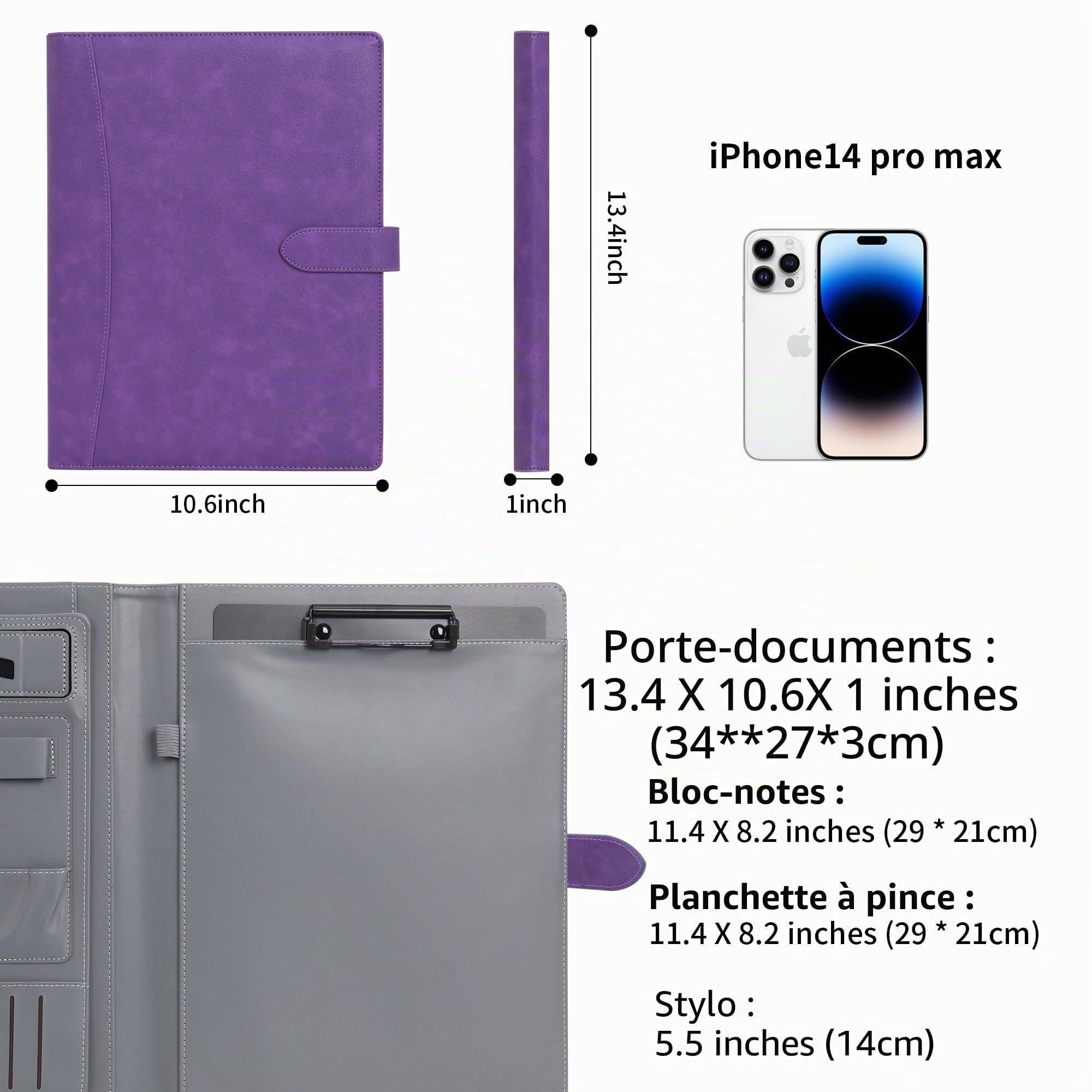 Wason Portefeuille A4 Padfolio Porte-documents en Cuir PU avec Multi-poches Bloc-notes Planchettes Amovible et Support Téléphone Tablette pour Organisateur Bureau école Voyage(Violet)