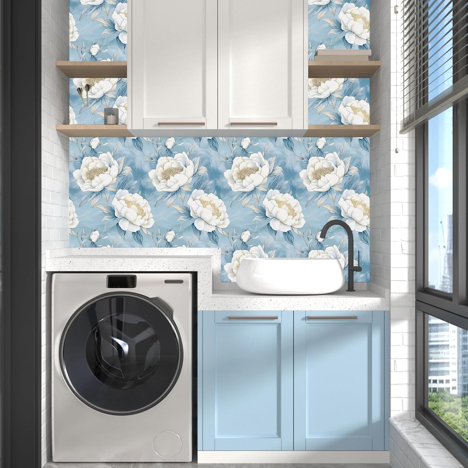 Laatse Blue Floral White Peony Wallpaper Peel and Stick 17.5''x118'' image 3