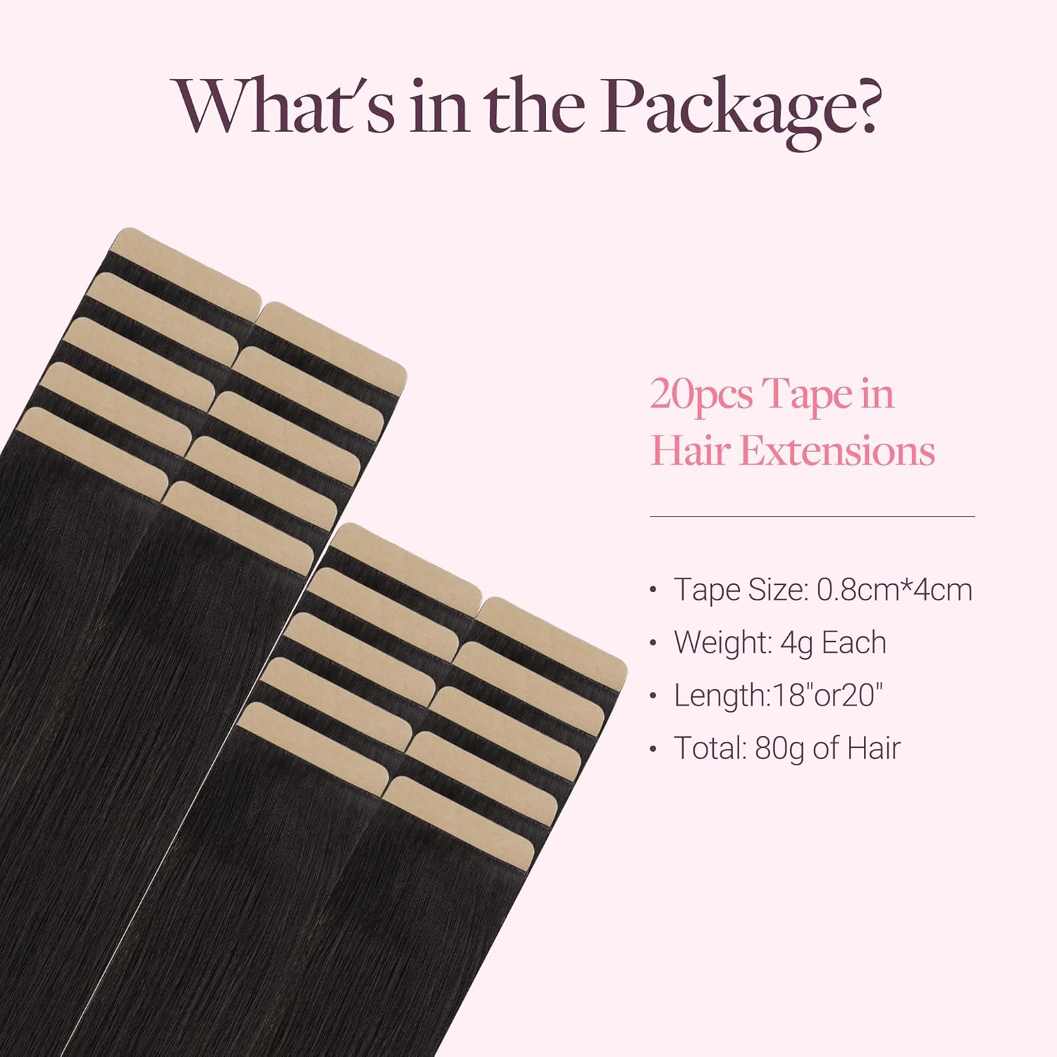 GOO GOO Tape in Hair Extensions Human Hair, 1B Natural Black, 4cm Wide Tape, 20inch 20pcs 80g, Real Human Hair, Seamless Tape in, Instant Length&Volume